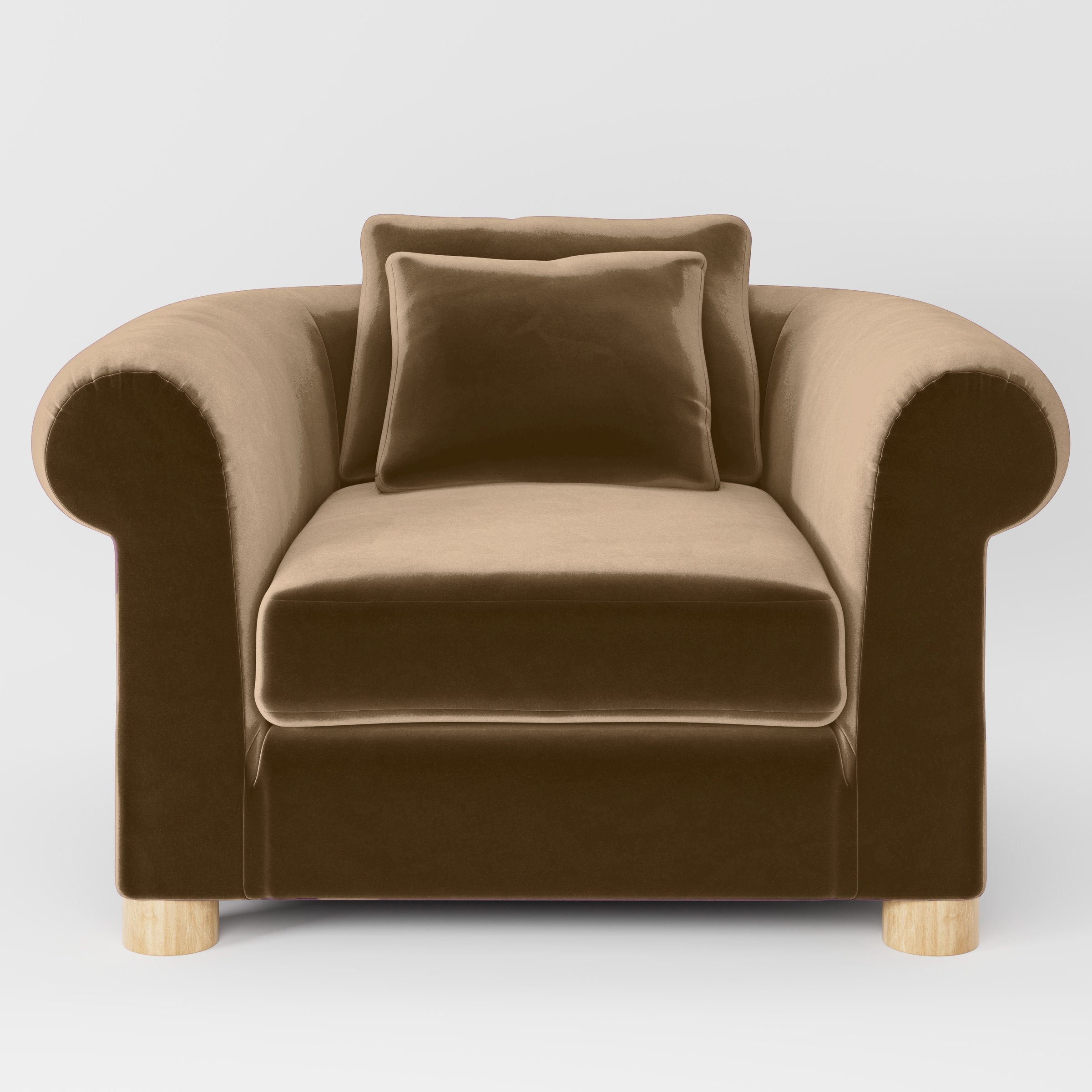 Front view of the Windermere armchair upholstered in Plush EasyClean Velvet in Caribou.