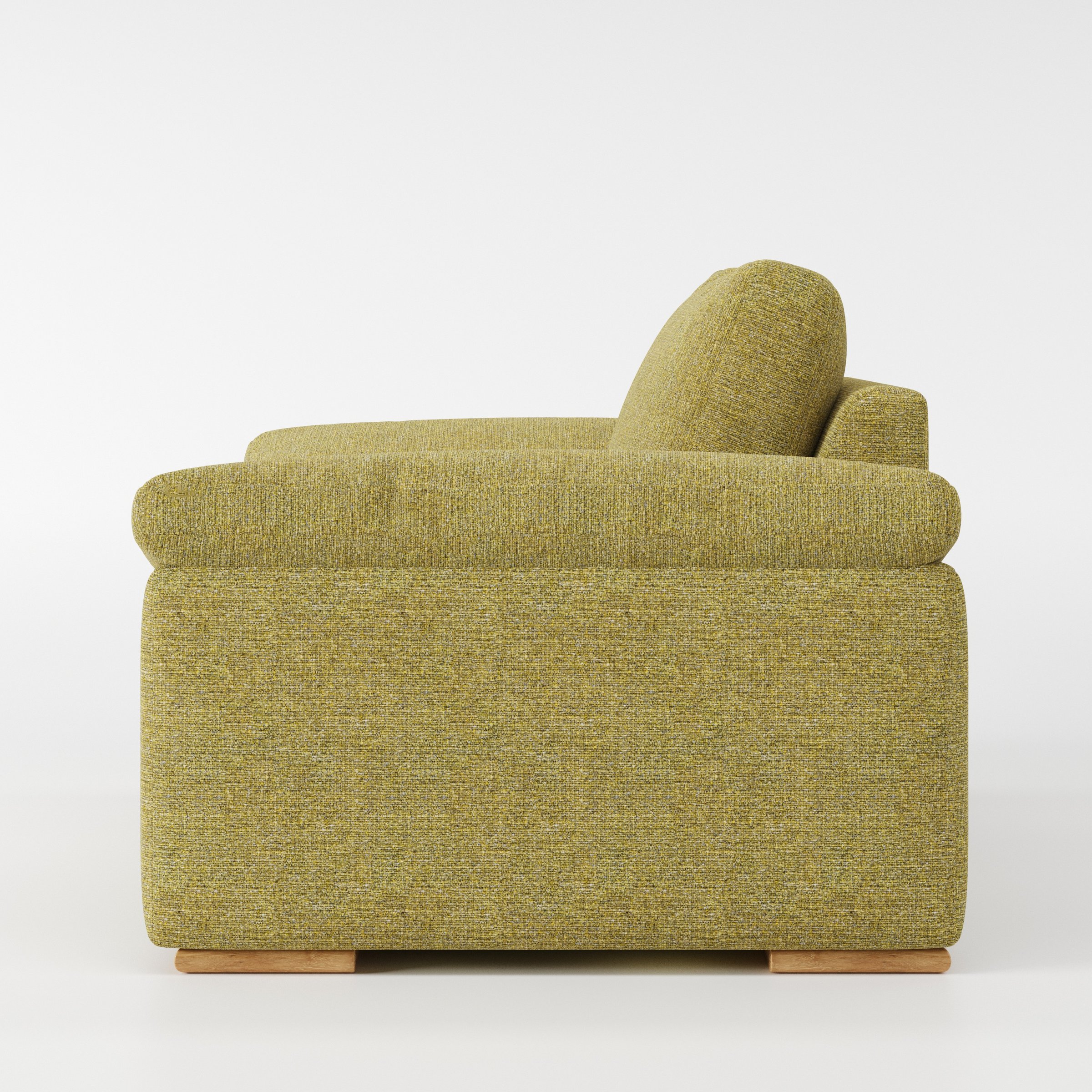Moy armchair in Heyling Tweed Sencha shown in side profile displaying proportions and overall silhouette.