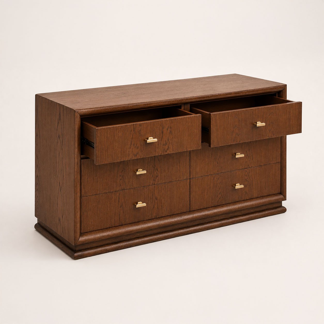 Chest of Drawers 02 in dark stained oak with the two top drawers open, showing the timber drawer interiors