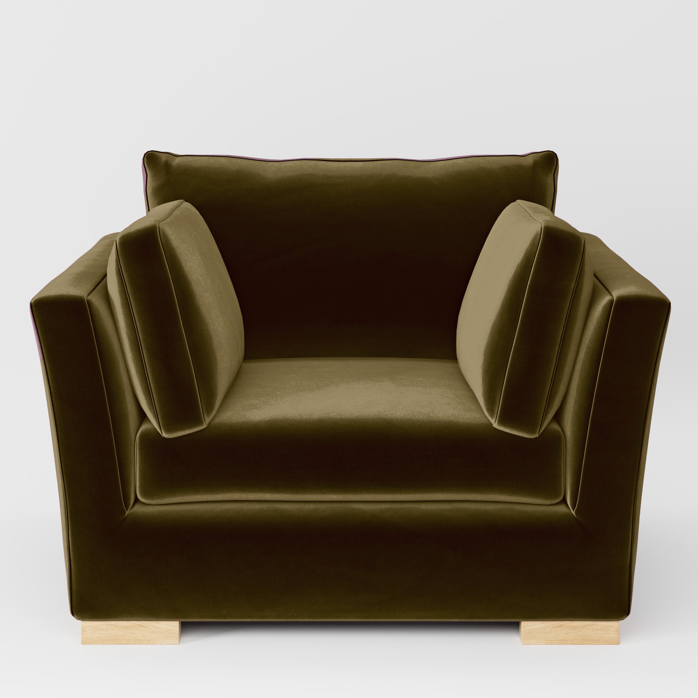 Front view of the Stowe armchair upholstered in Plush EasyClean Velvet in Cedar.