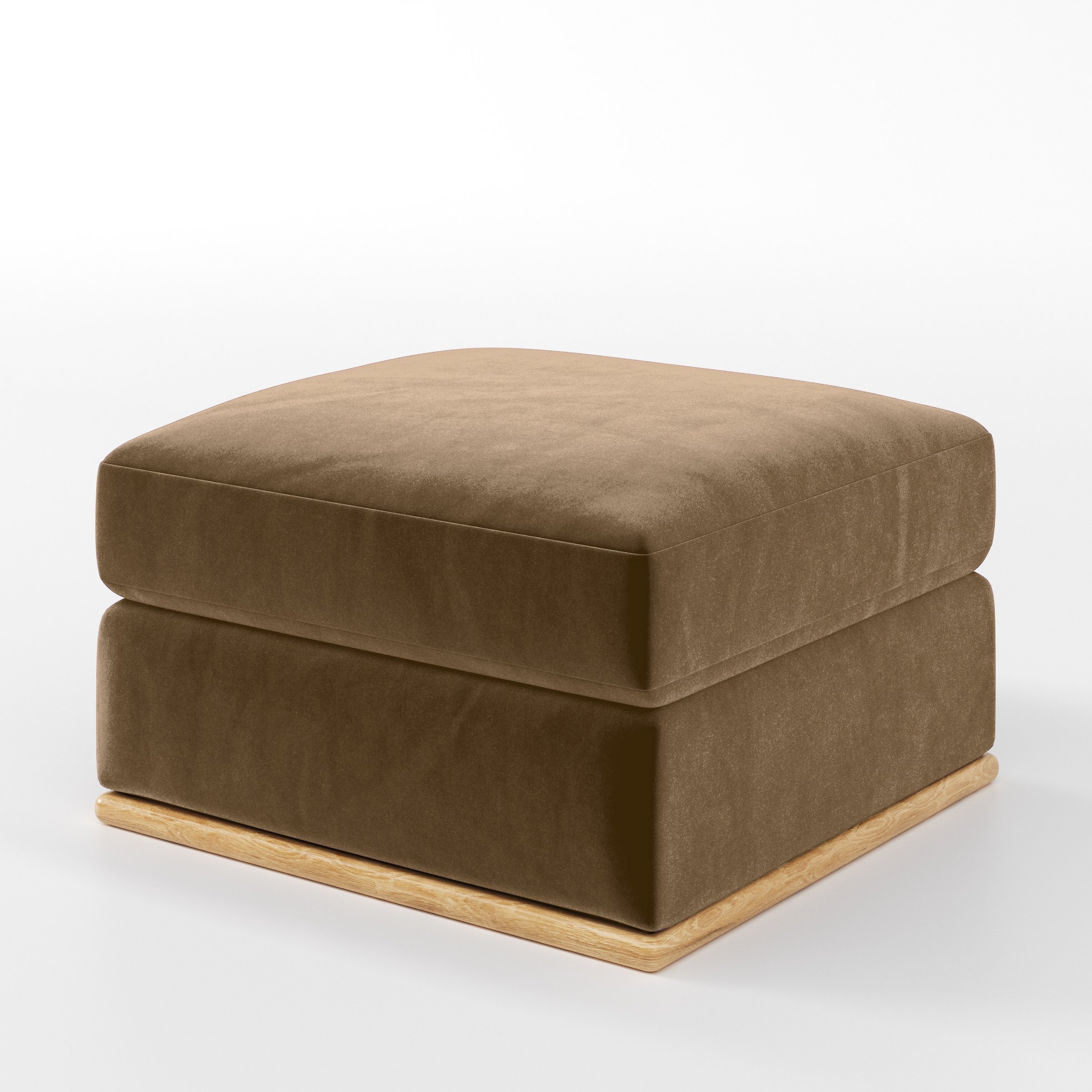 Diagonal view of the Cusher footstool upholstered in Plush EasyClean Velvet in Caribou.