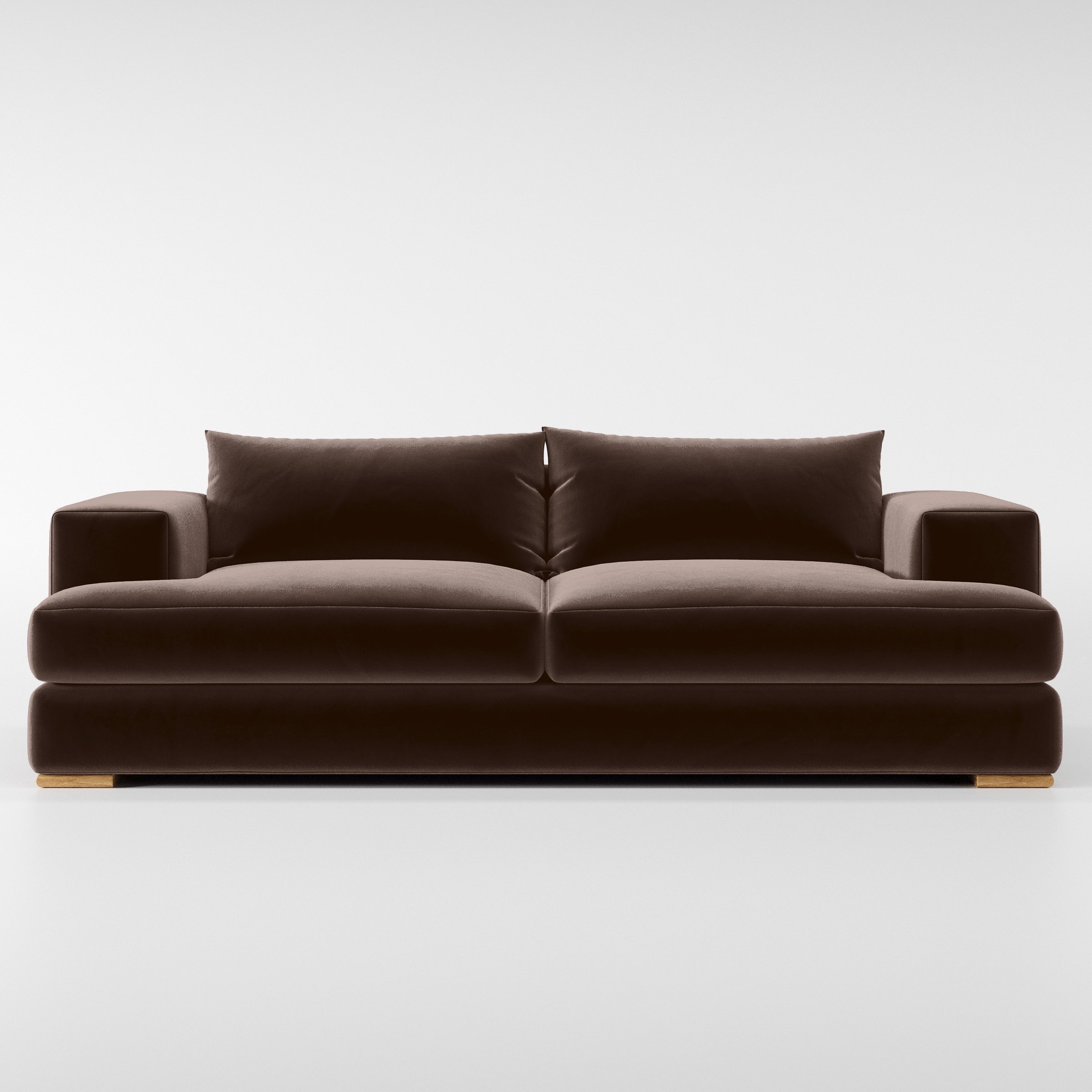 Front view of the Fane sofa upholstered in Plush EasyClean Velvet in Mole.