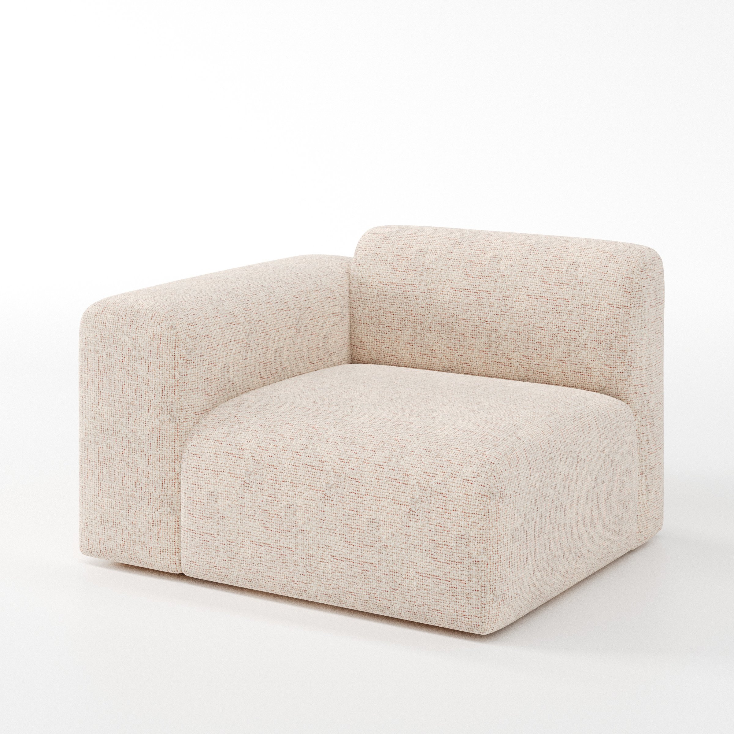 Drumquin modular sofa left side unit in Orsay Bouclé Cream and Copper shown at a diagonal angle highlighting the curved left armrest and generous seat depth.