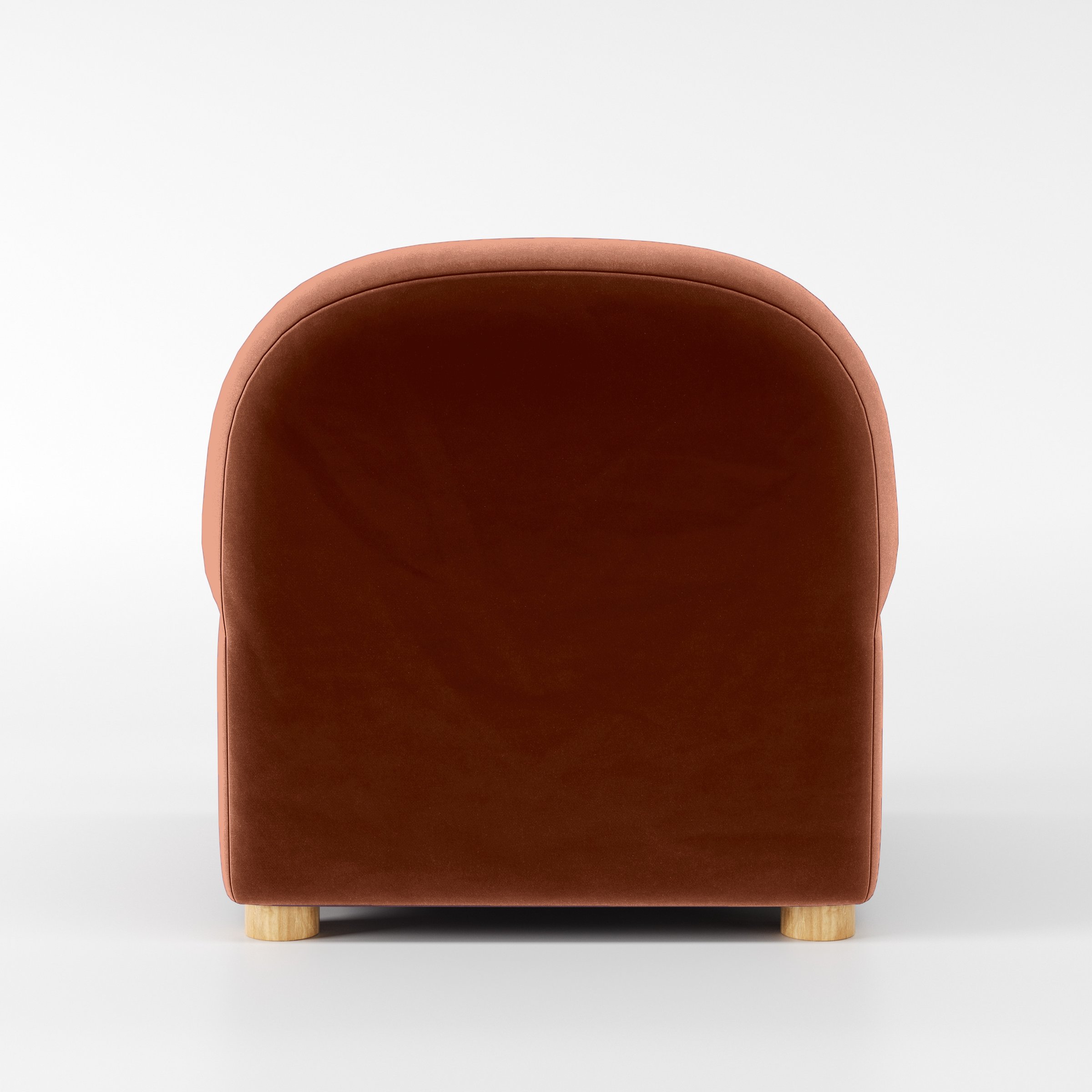 Rear view of the Awe armchair upholstered in Plush EasyClean Velvet in Apricot.