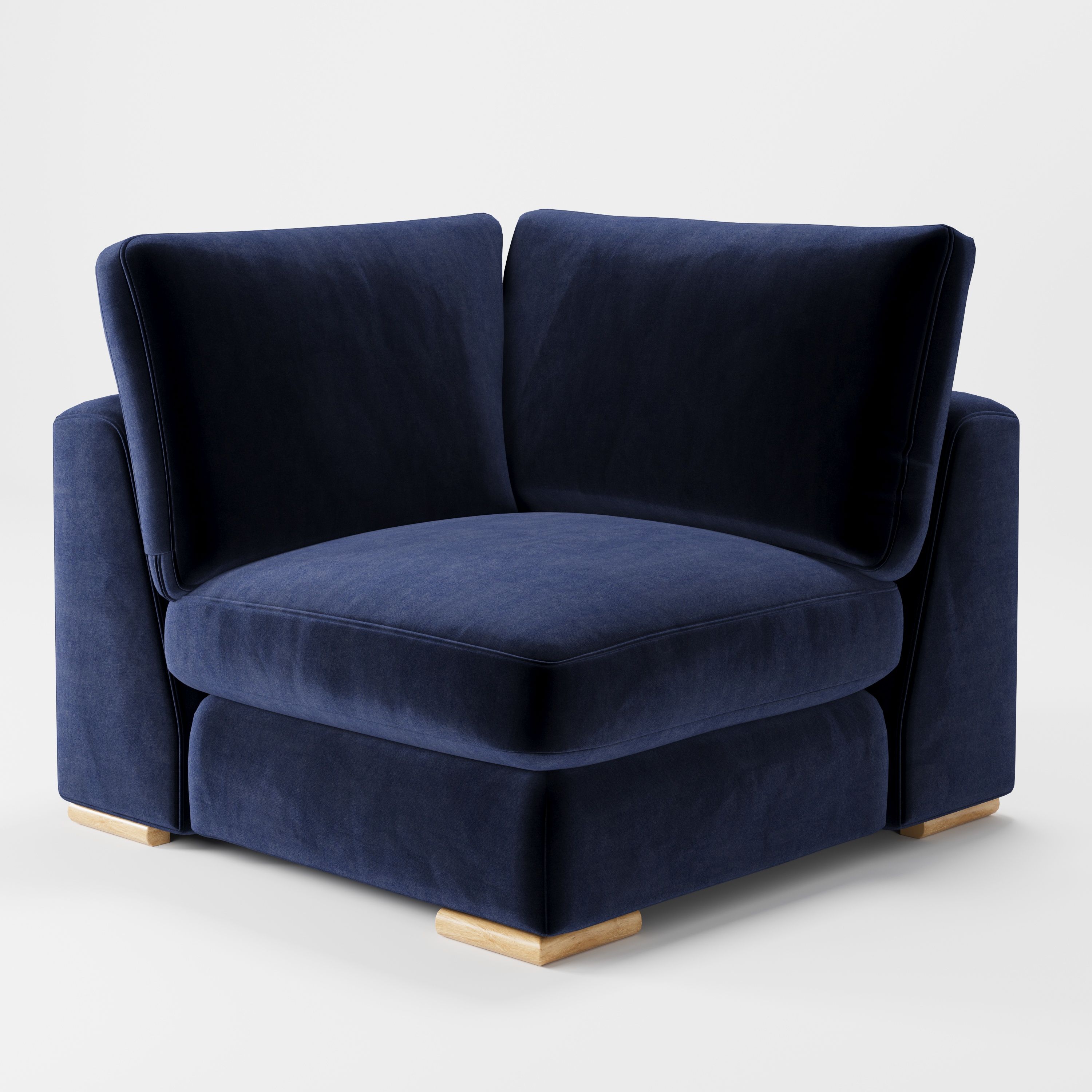 Olton corner unit in Noss velvet navy fabric, diagonal view highlighting sculpted cushions and deep tone