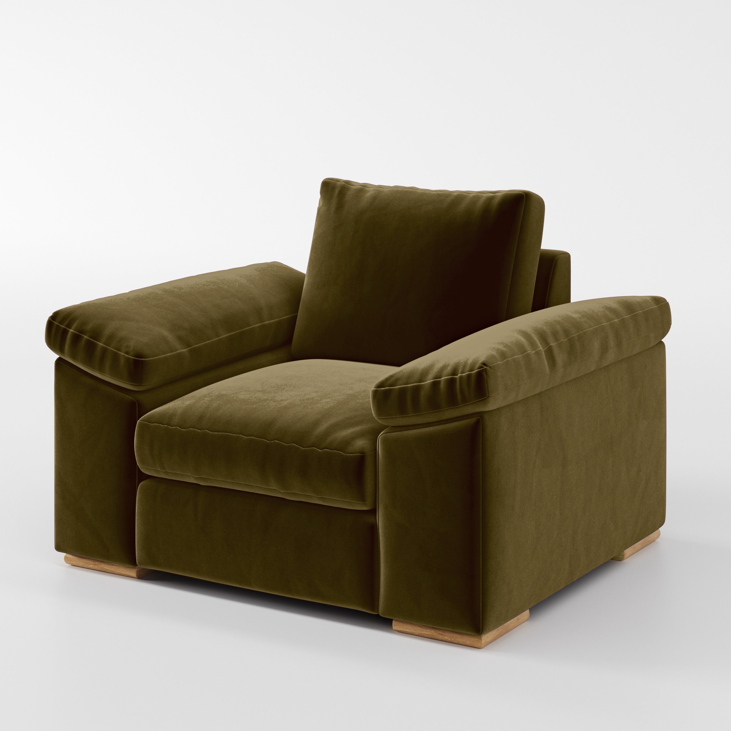 Diagonal view of the Moy armchair upholstered in Plush EasyClean Velvet in Cedar.