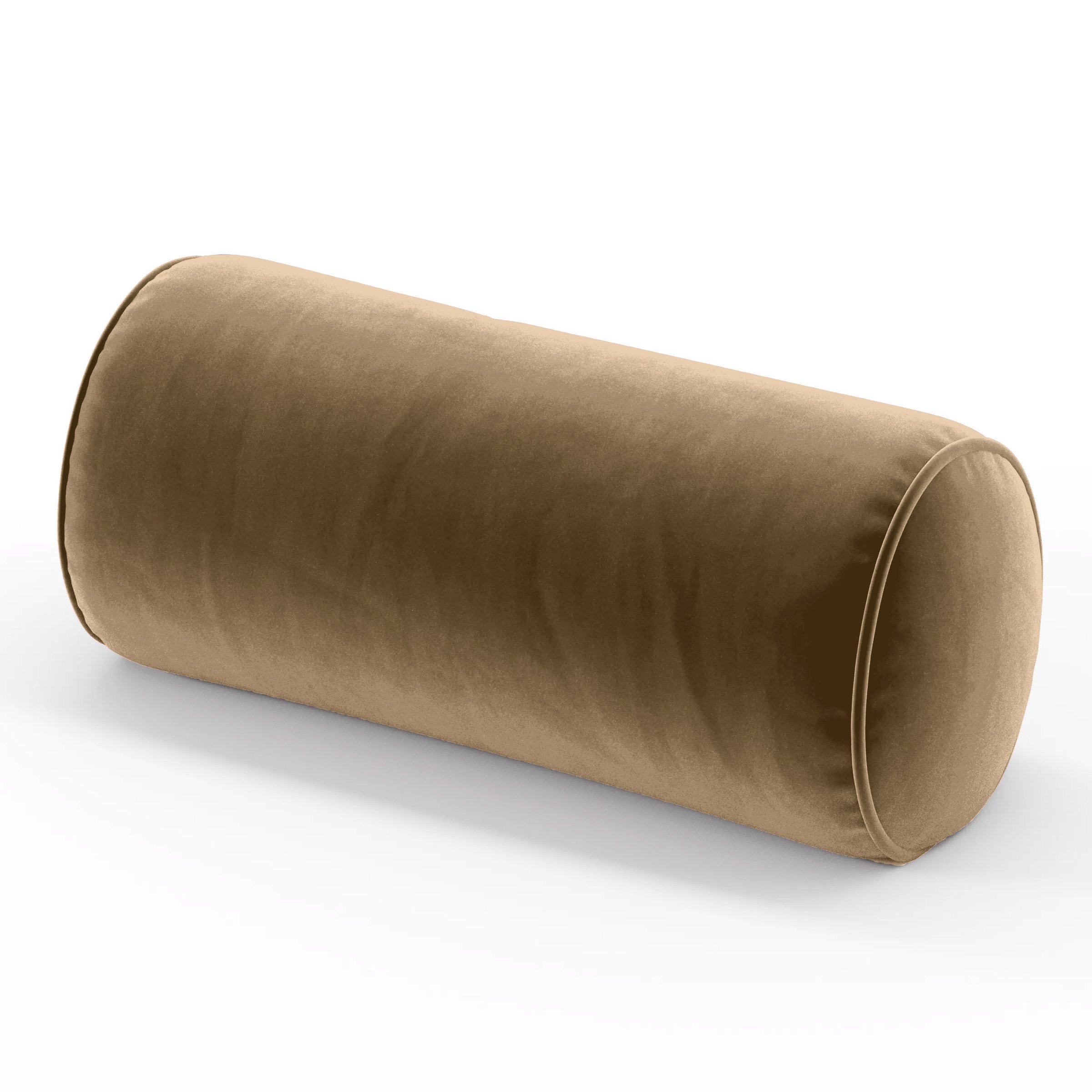 Ledger Cushion cylindrical bolster cushion with piping upholstered in Plush EasyClean Velvet in Caribou, size 26cm x 56cm.