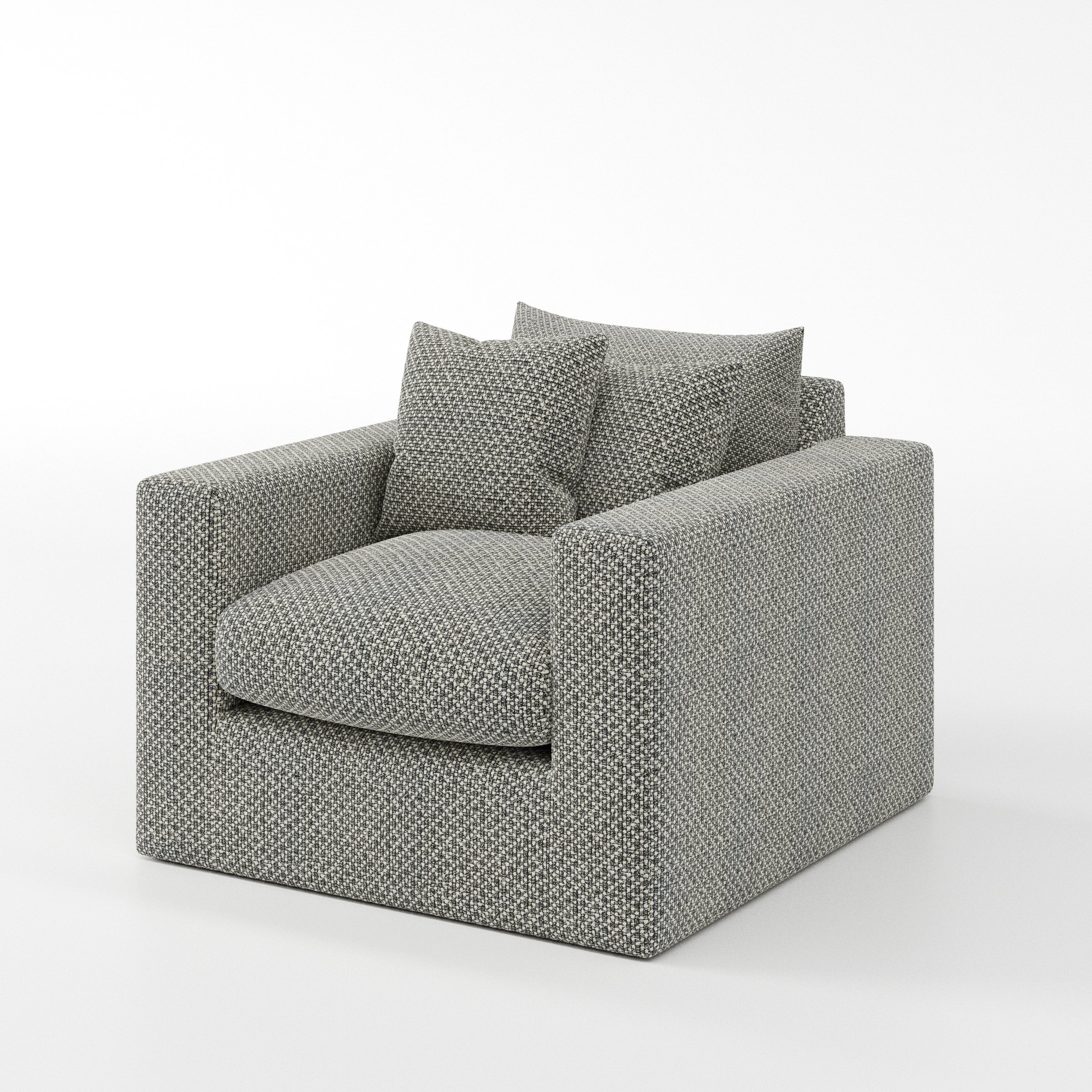 Coniston armchair in Rousay Wool Blend Tar and Chalk shown at a diagonal angle highlighting arms and seat depth.