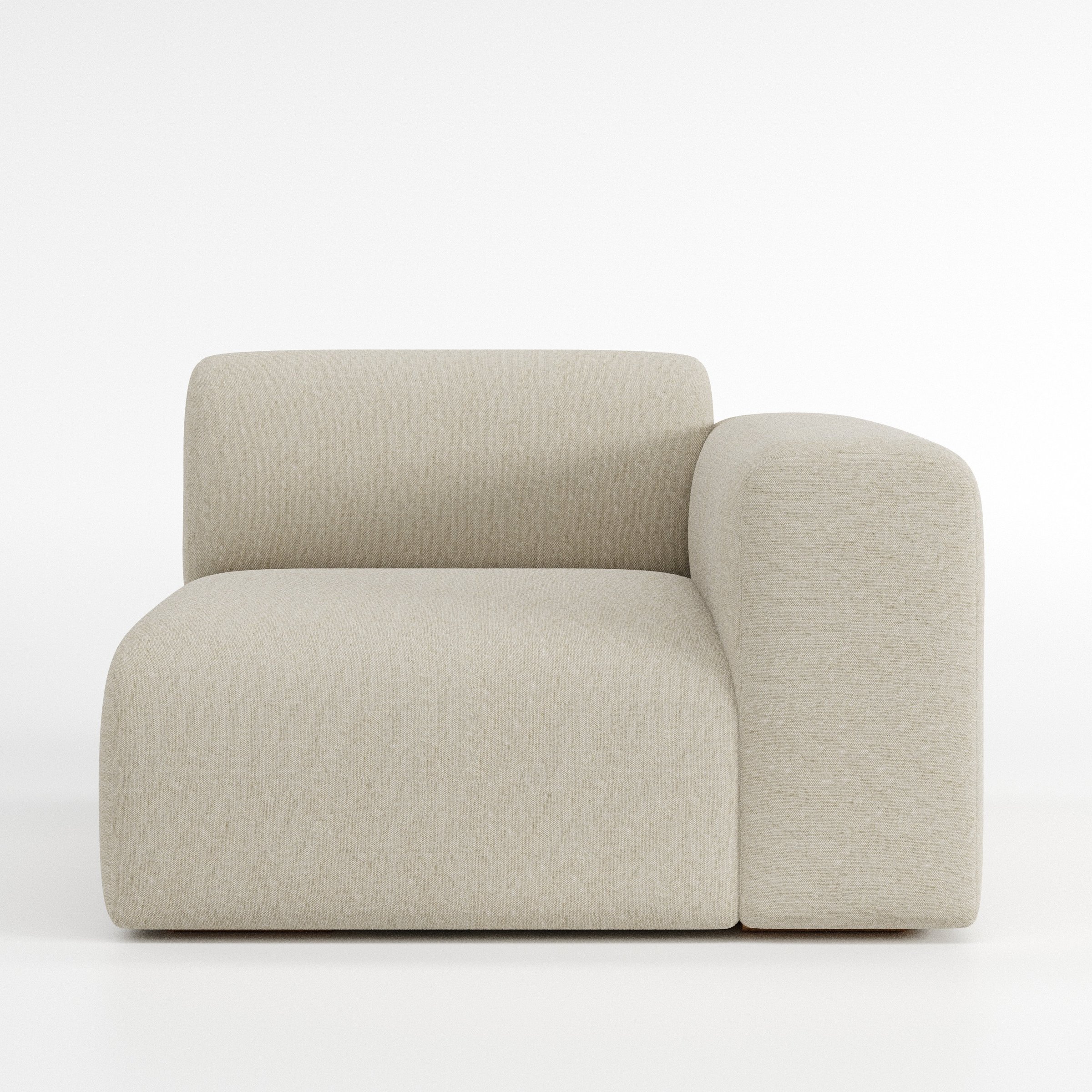 Drumquin modular sofa right side unit in Alderney Linen Oatmeal shown from the front with a low, deep seat and a rounded right armrest.