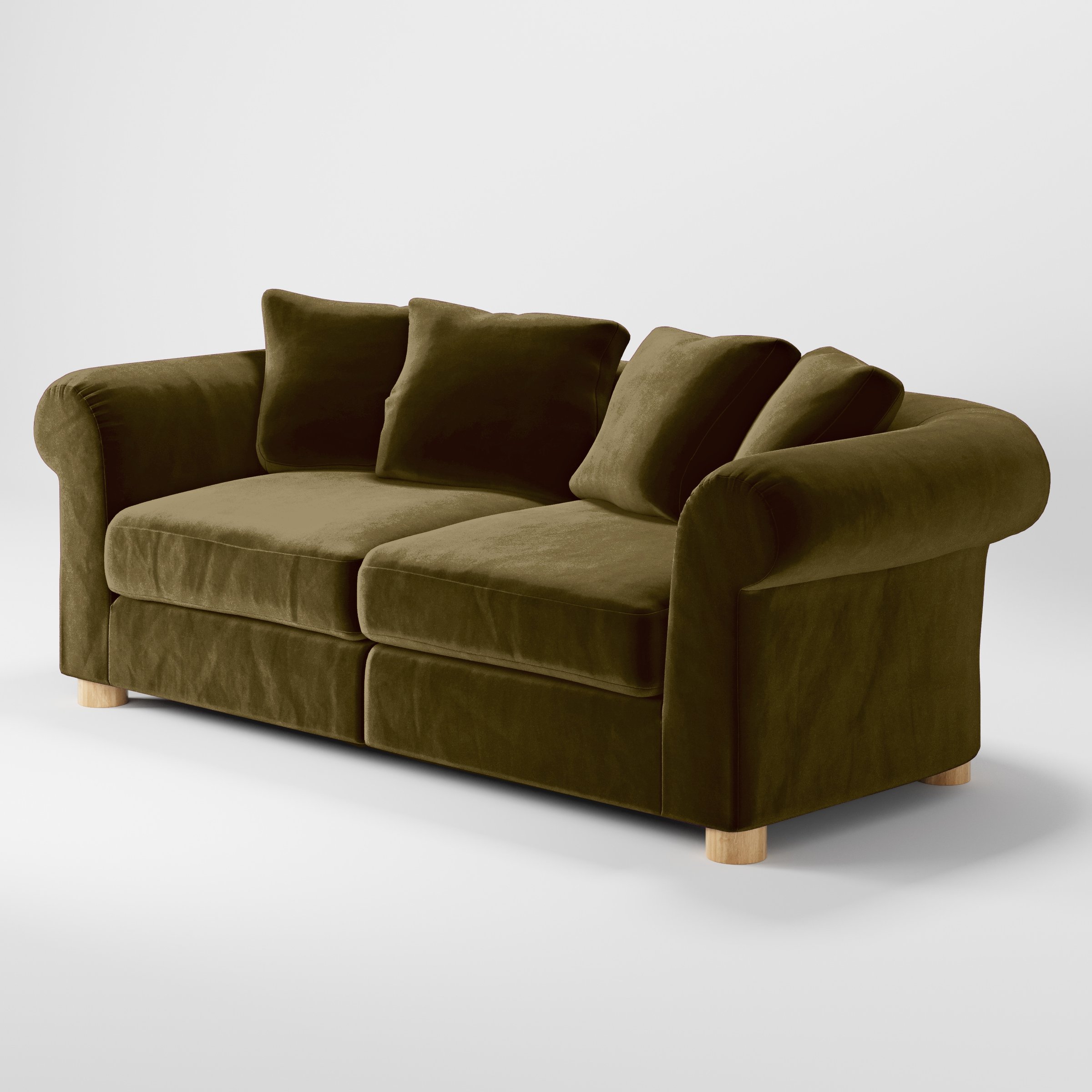 Diagonal view of the Windermere sofa upholstered in Plush EasyClean Velvet in Cedar.