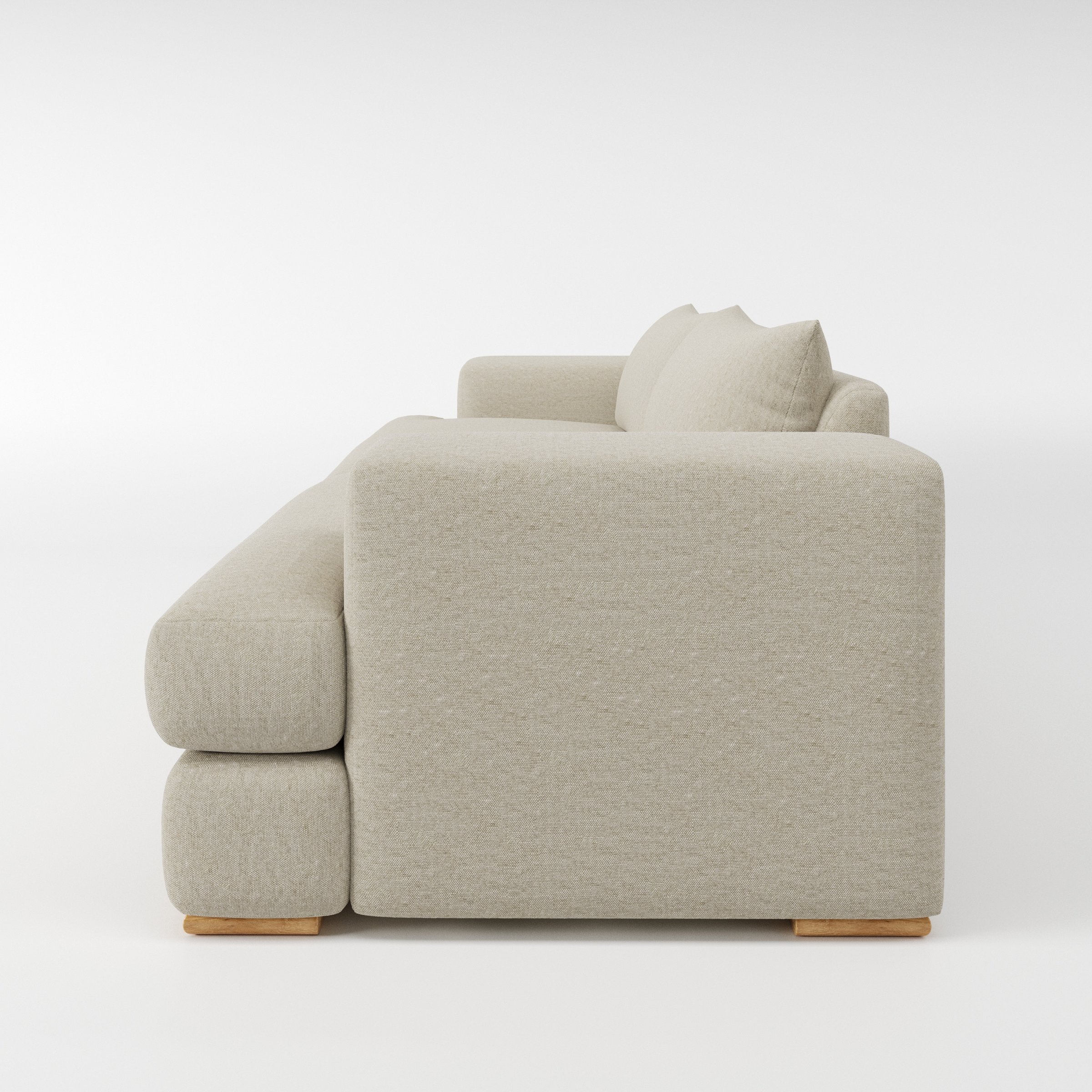 Fane sofa in Alderney Linen Oatmeal shown in side profile displaying proportions and overall silhouette.