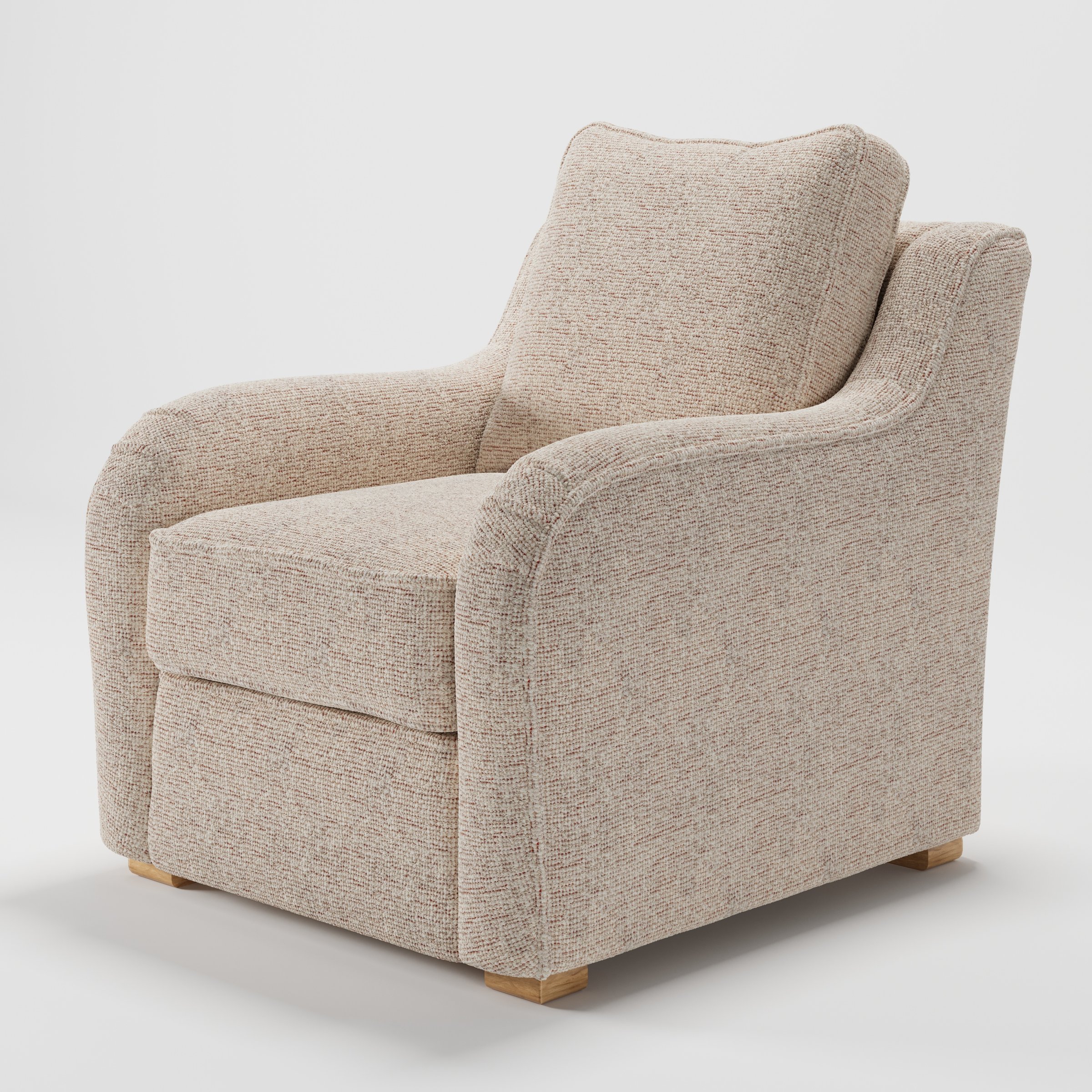 Cashel armchair in Orsay Boucle Cream and Copper shown at a diagonal angle highlighting curved arms and seat depth.