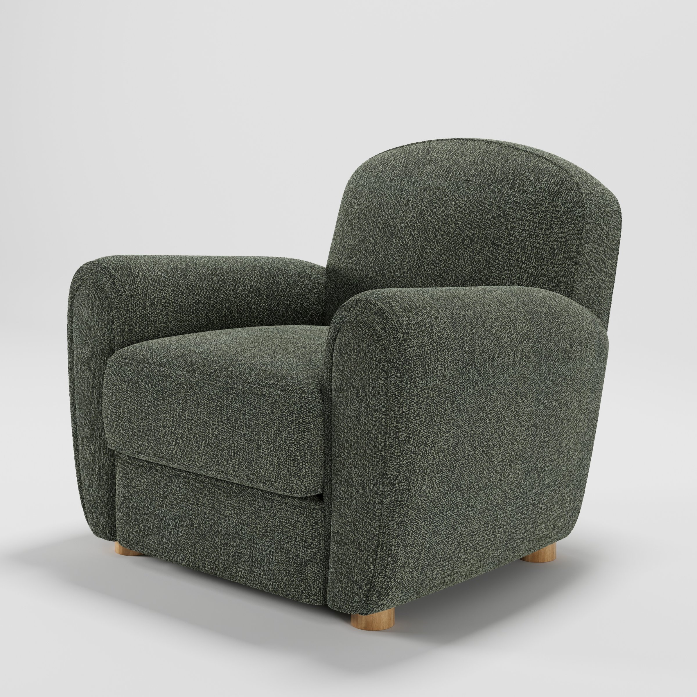 Fergus armchair in Kilda Boucle Moss shown at a diagonal angle highlighting rounded arms and seat depth.