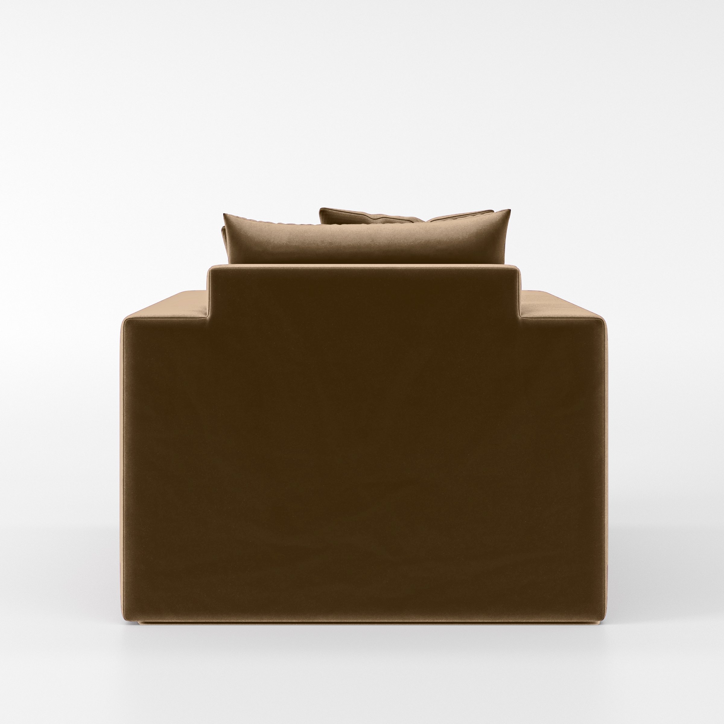 Rear view of the Coniston armchair upholstered in Plush EasyClean Velvet in Caribou.