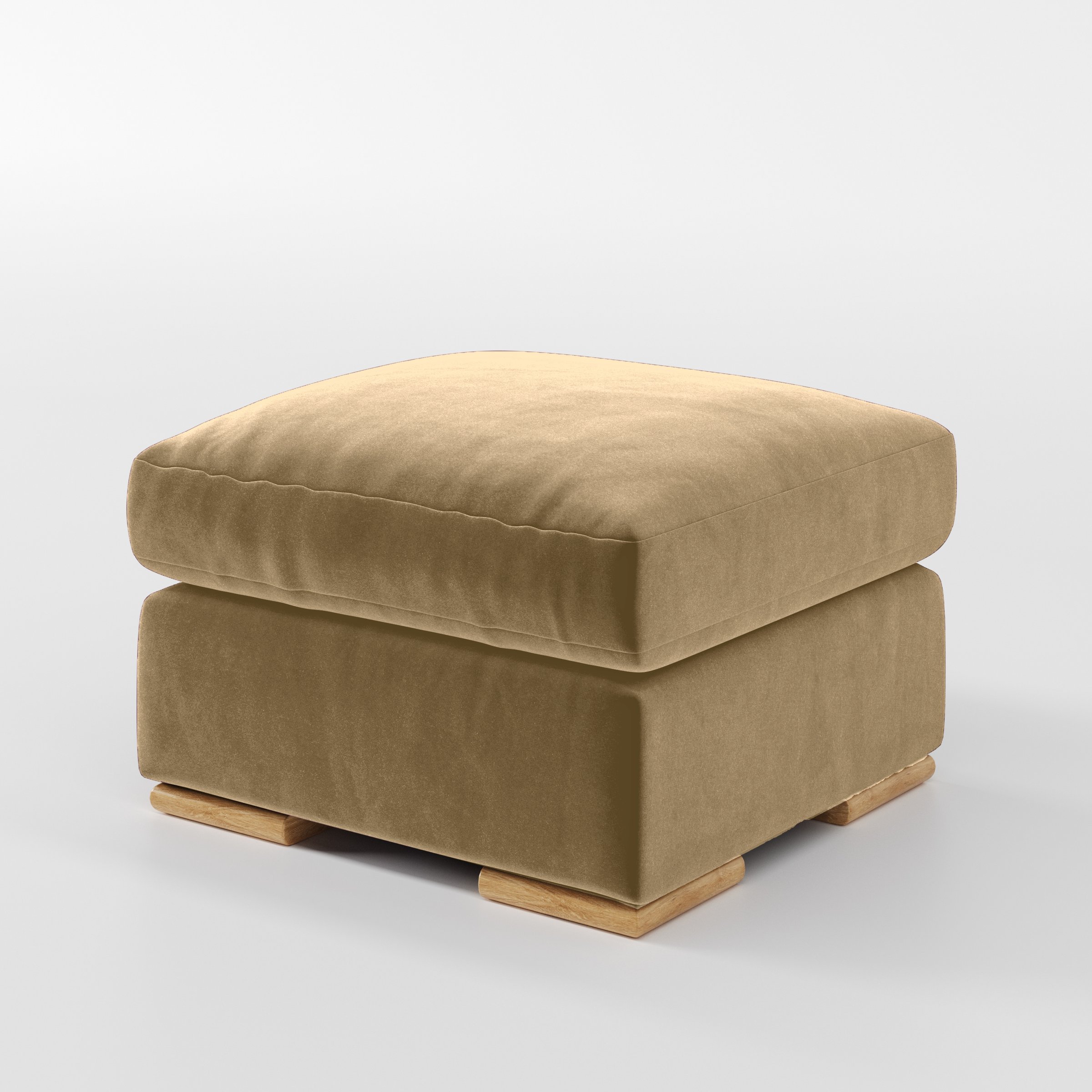 Diagonal view of the Fane footstool upholstered in Plush EasyClean Velvet in Cafe.
