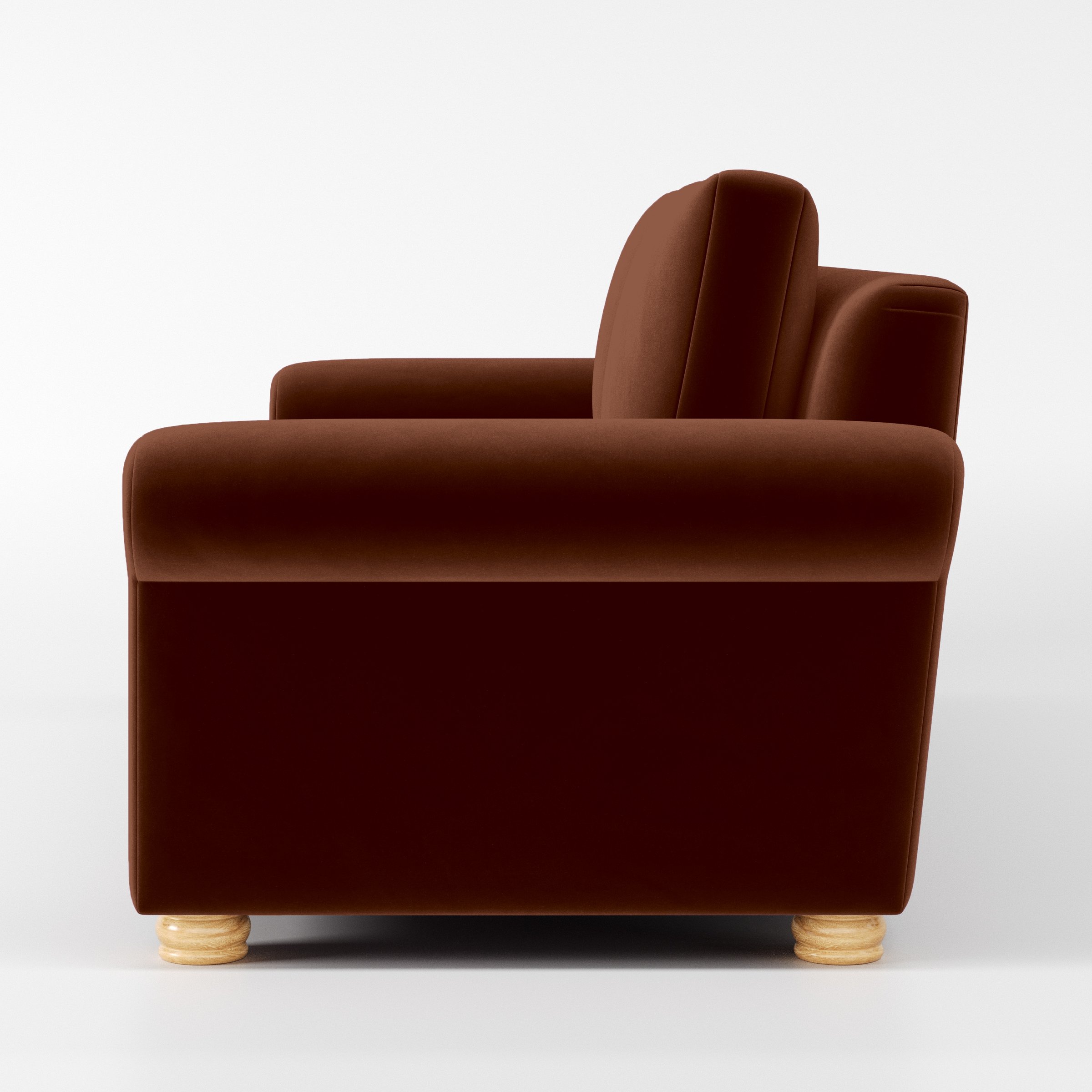 Side view of the Anna Lee sofa upholstered in Plush EasyClean Velvet in Maple.
