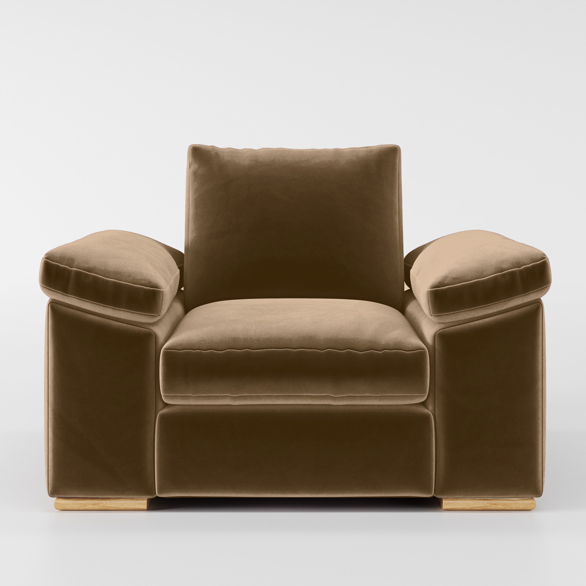 Front view of the Moy armchair upholstered in Plush EasyClean Velvet in Caribou.
