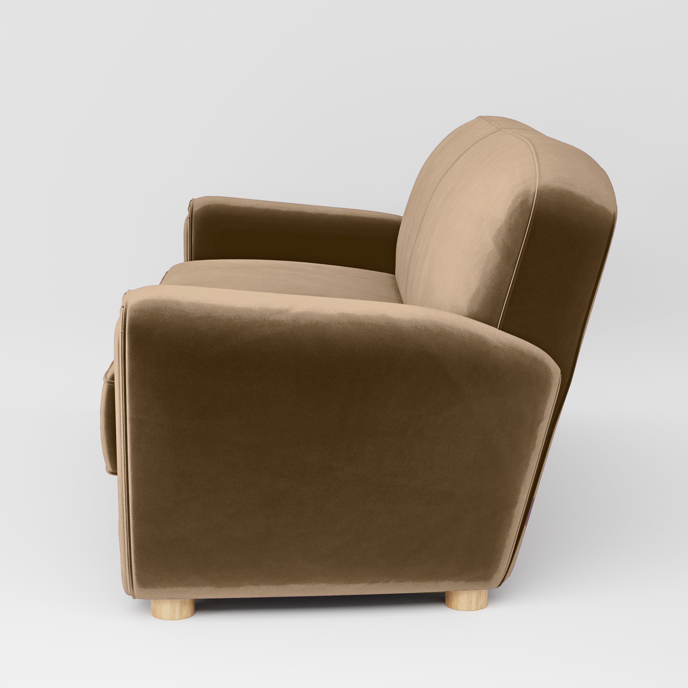Side view of the Fergus sofa upholstered in Plush EasyClean Velvet in Caribou.
