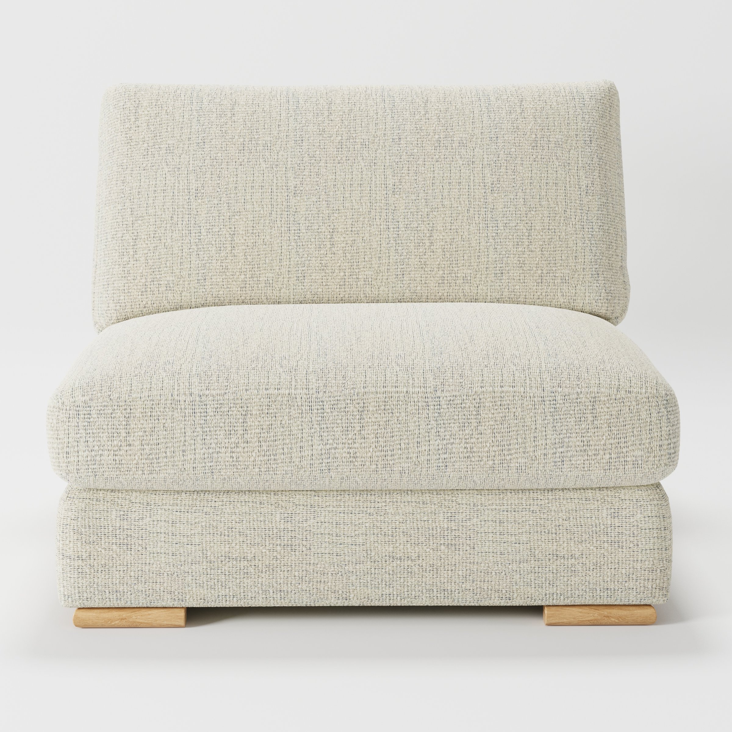 Olton single sofa unit in Orsay Bouclé Cream and Marine shown from the front with a deep seat cushion, separate back cushion and visible timber feet.