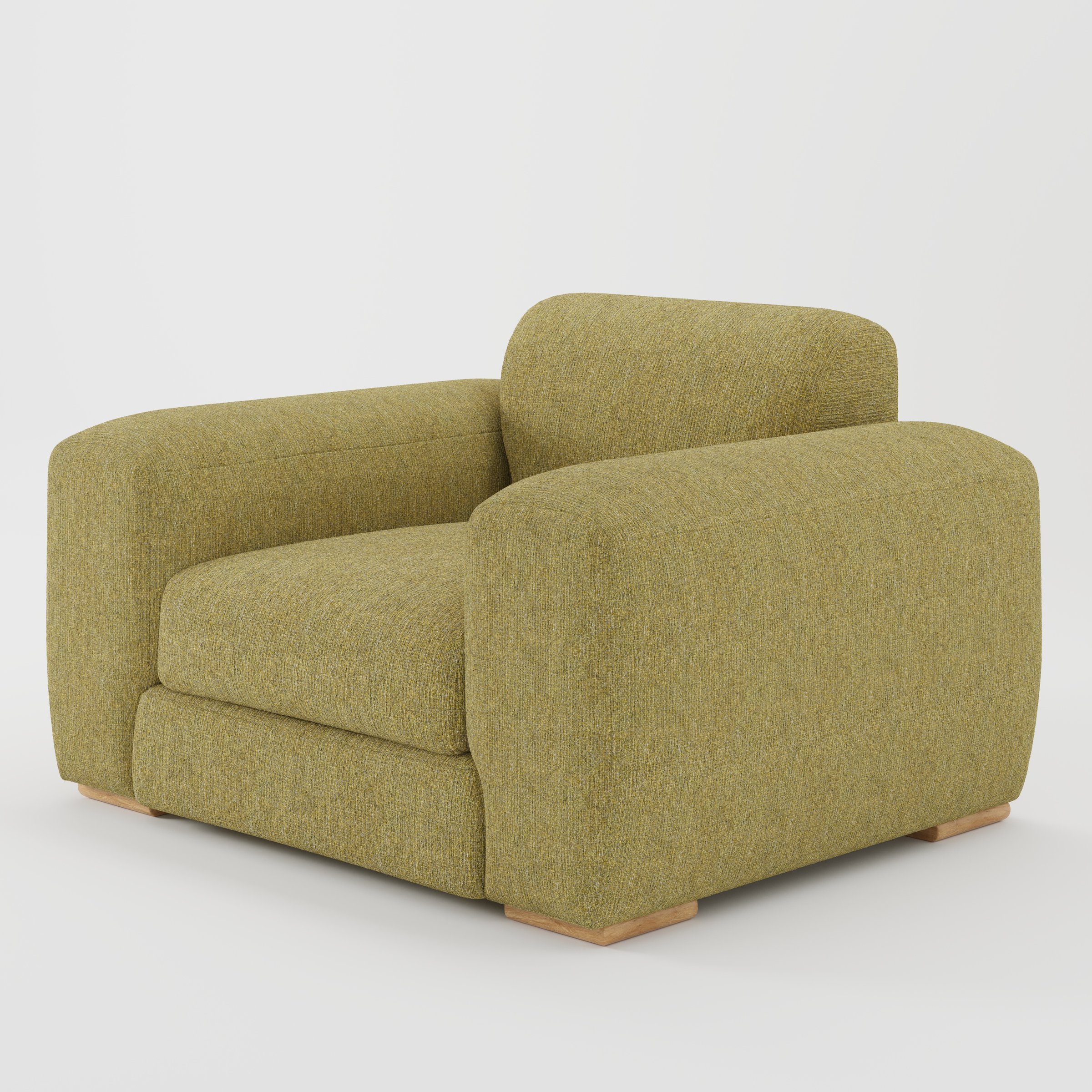 Darwell armchair in Heyling Tweed Sencha shown at a diagonal angle highlighting arms and seat depth.
