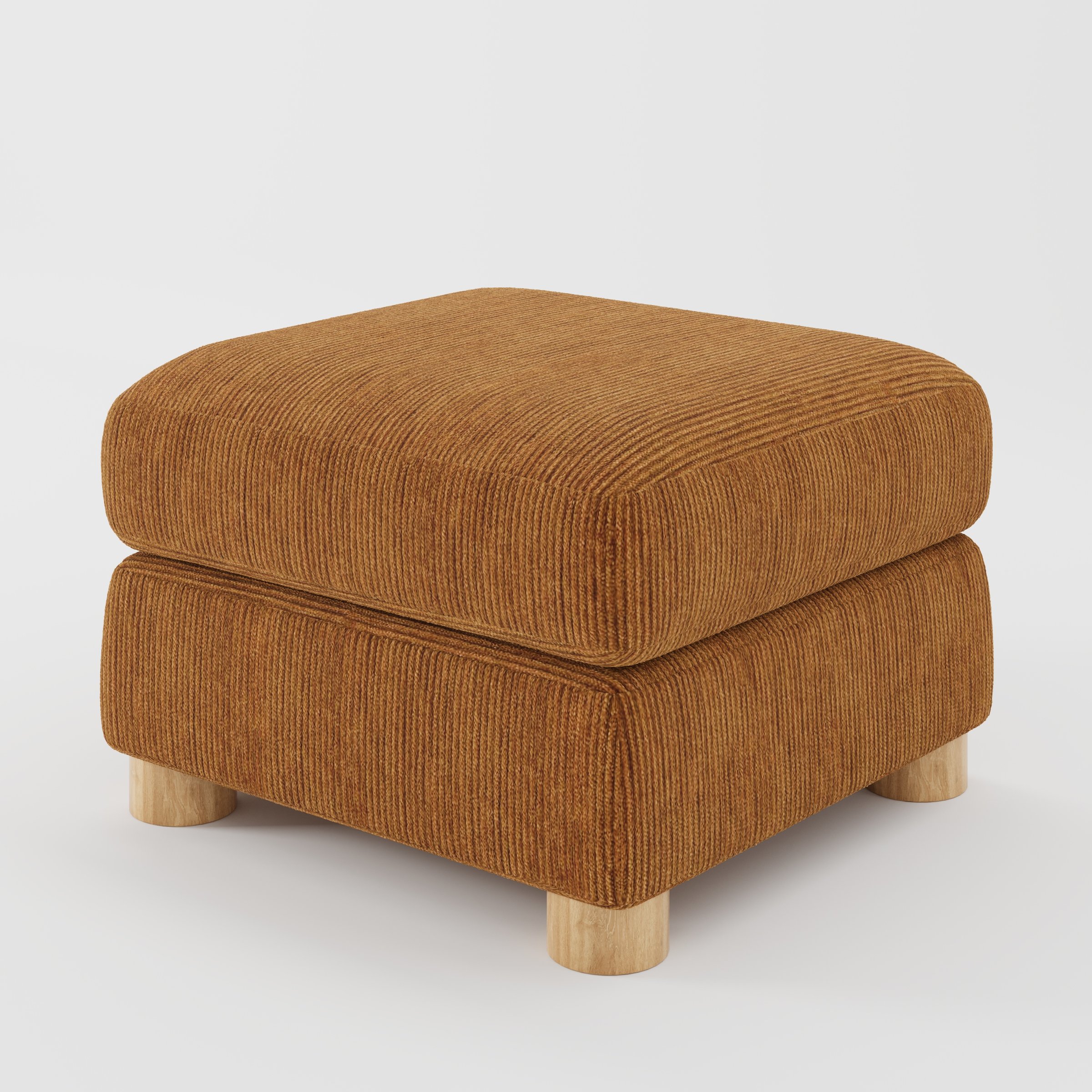 Windermere footstool in Caldey Velvet Corduroy Tobacco shown at a diagonal angle highlighting soft corners and rounded wooden feet.