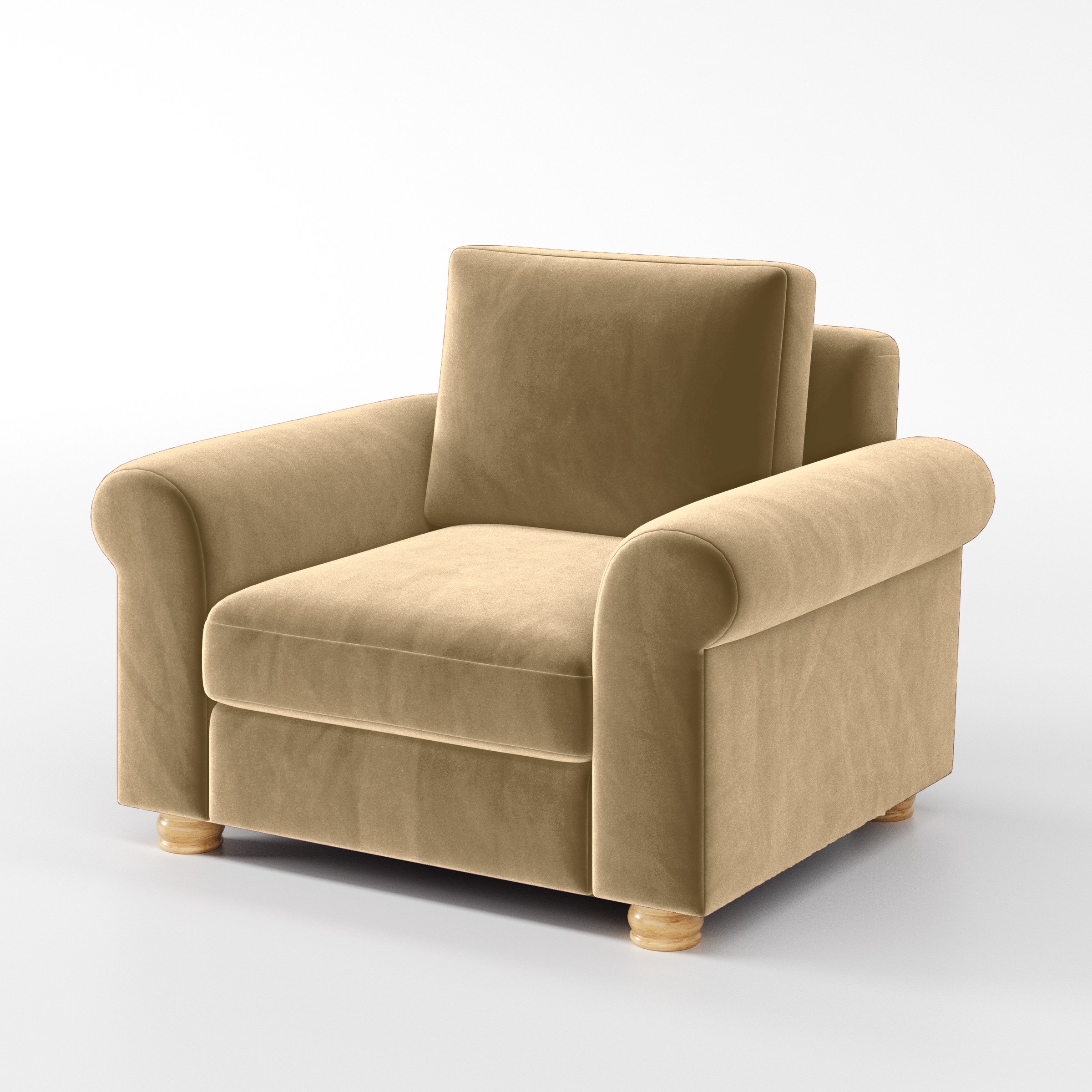 Diagonal view of the Anna Lee armchair upholstered in Plush EasyClean Velvet in Cafe.