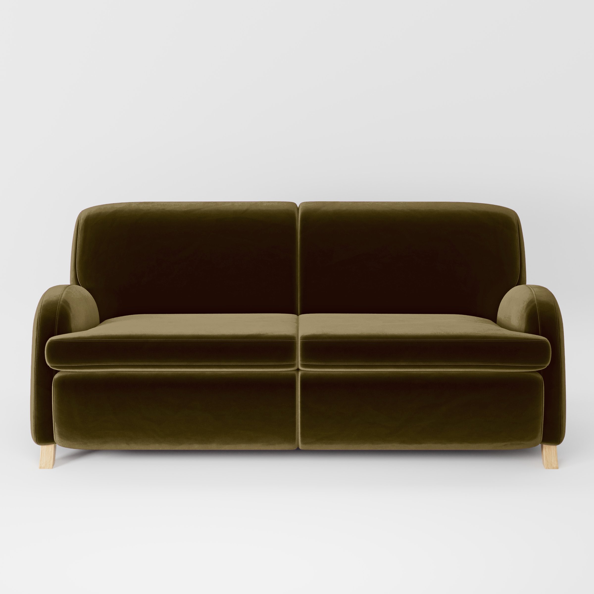 Front view of the Rye sofa upholstered in Plush EasyClean Velvet in Cedar.