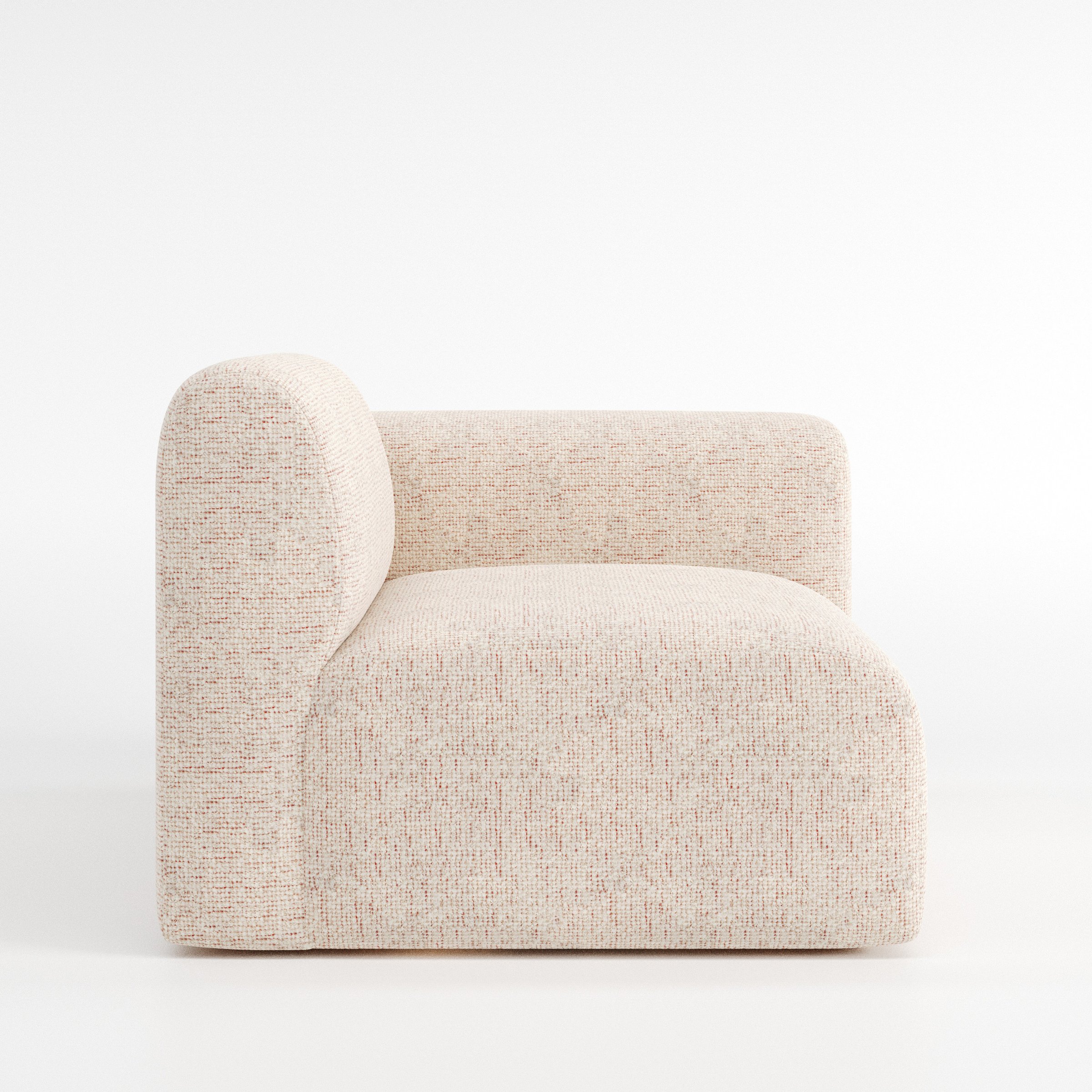 Drumquin modular sofa right side unit in Orsay Bouclé Cream and Copper shown from the side showing the rounded right armrest and deep seat profile.