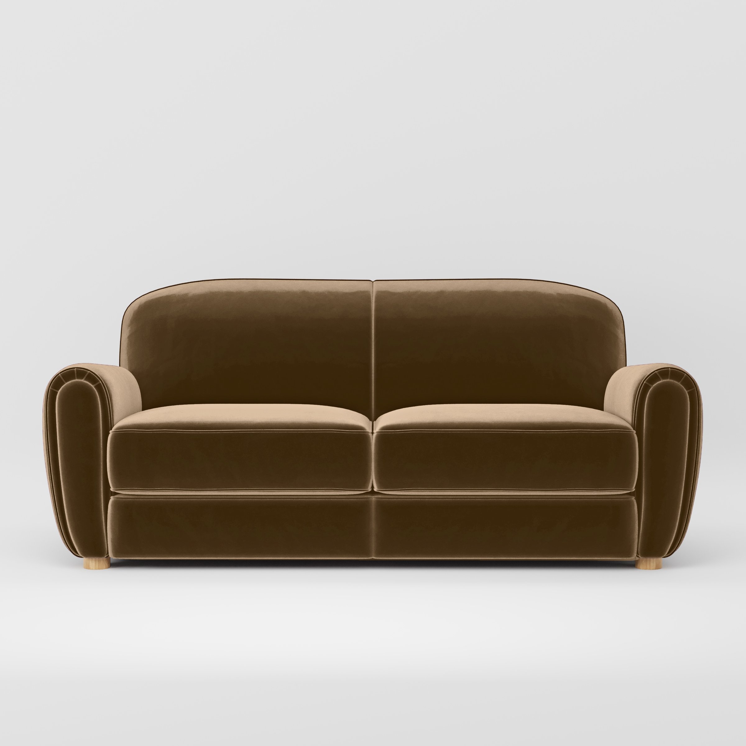 Front view of the Fergus sofa upholstered in Plush EasyClean Velvet in Caribou.