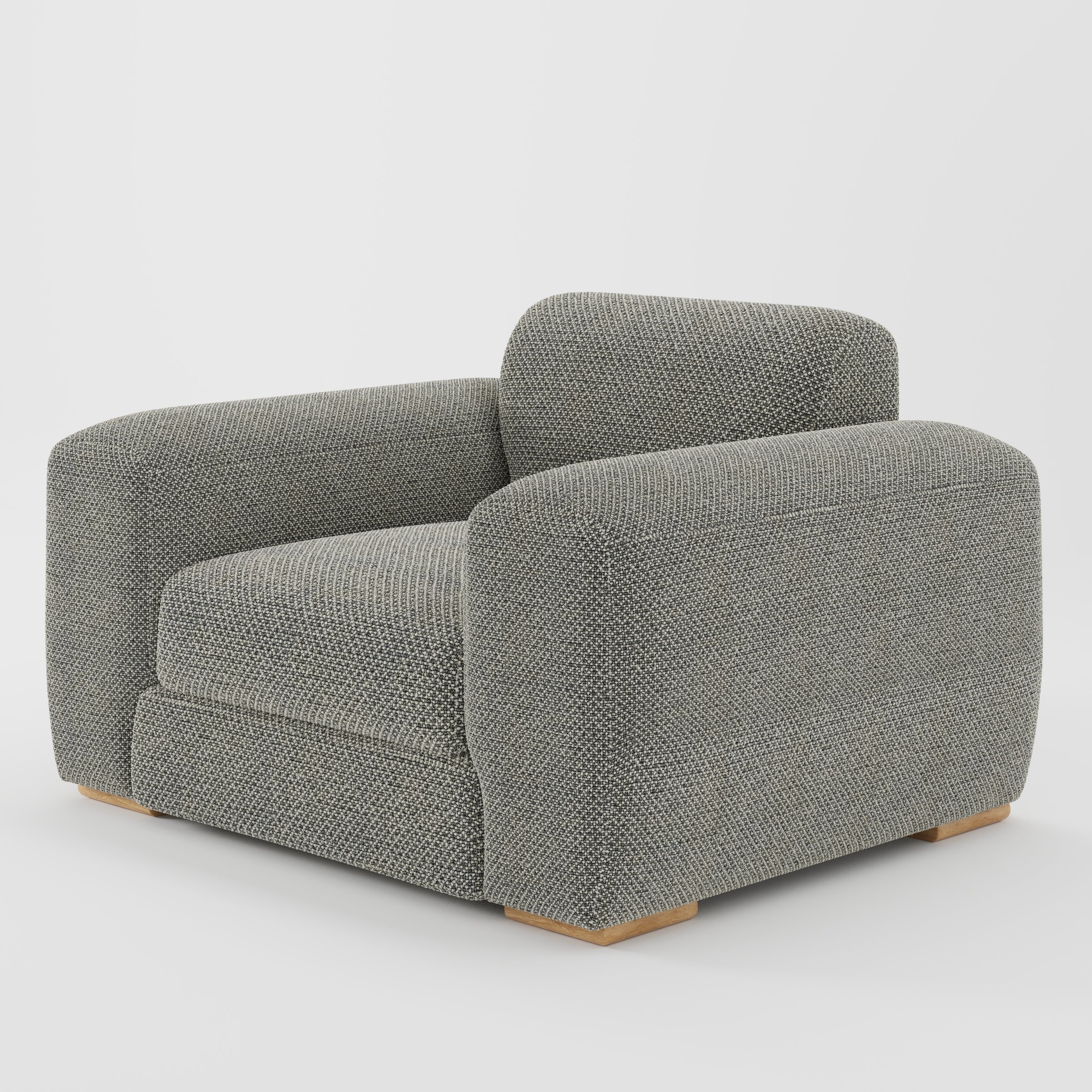 Darwell armchair in Rousay Wool Blend Tar and Chalk shown at a diagonal angle highlighting arms and seat depth.