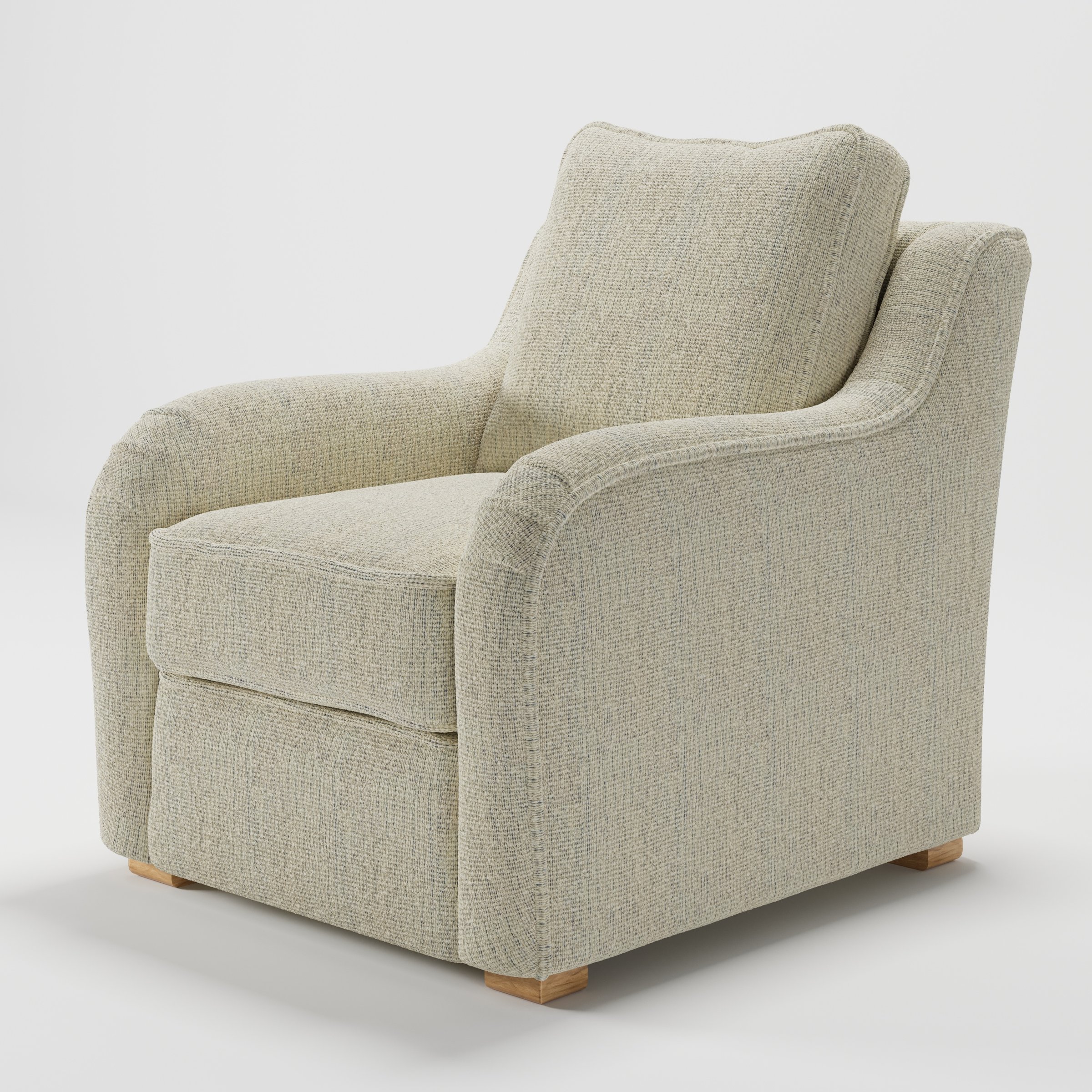 Cashel armchair in Orsay Boucle Cream and Marine shown at a diagonal angle highlighting curved arms and seat depth.