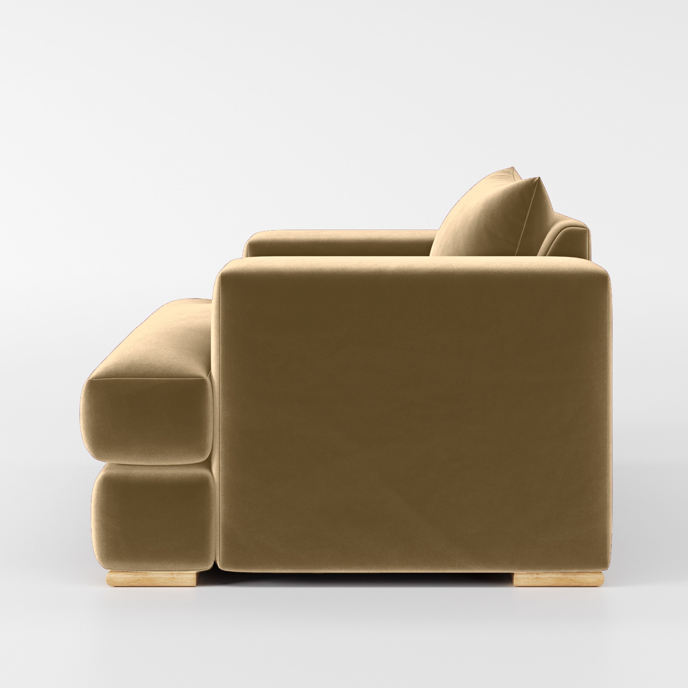 Side view of the Fane armchair upholstered in Plush EasyClean Velvet in Cafe.