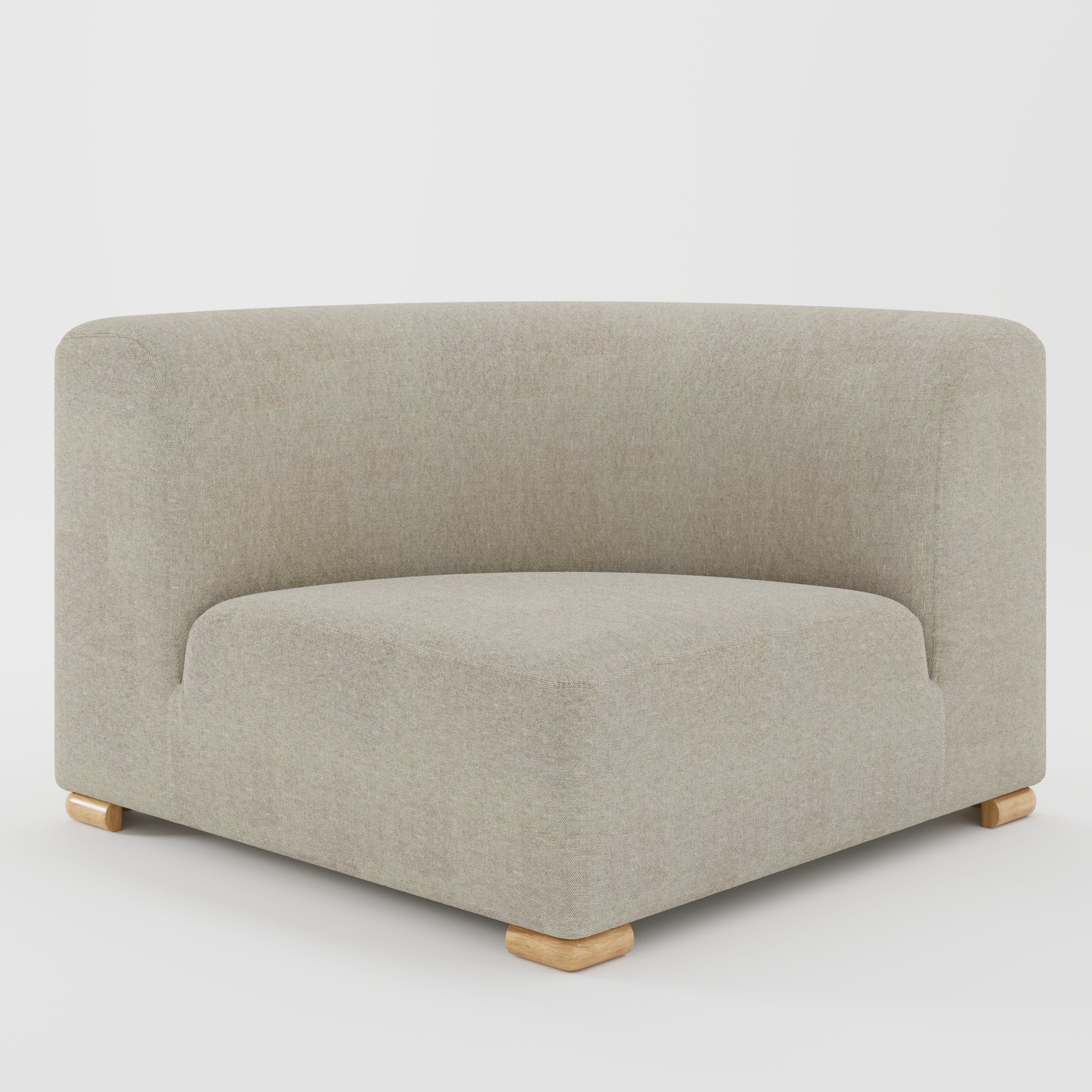 Tay corner sofa unit in Alderney Linen Oatmeal shown from the front with a curved corner seat, wraparound backrest and visible timber feet.