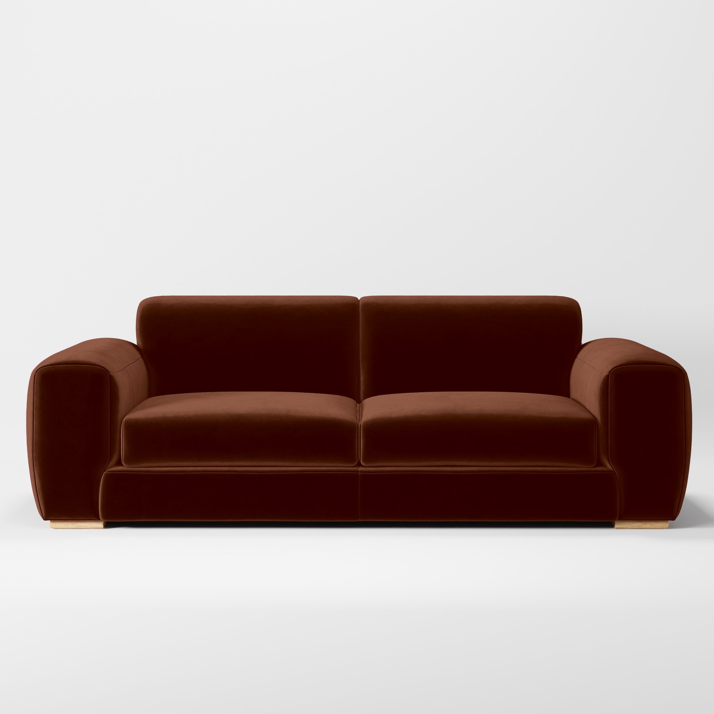 Front view of the Darwell sofa upholstered in Plush EasyClean Velvet in Maple.