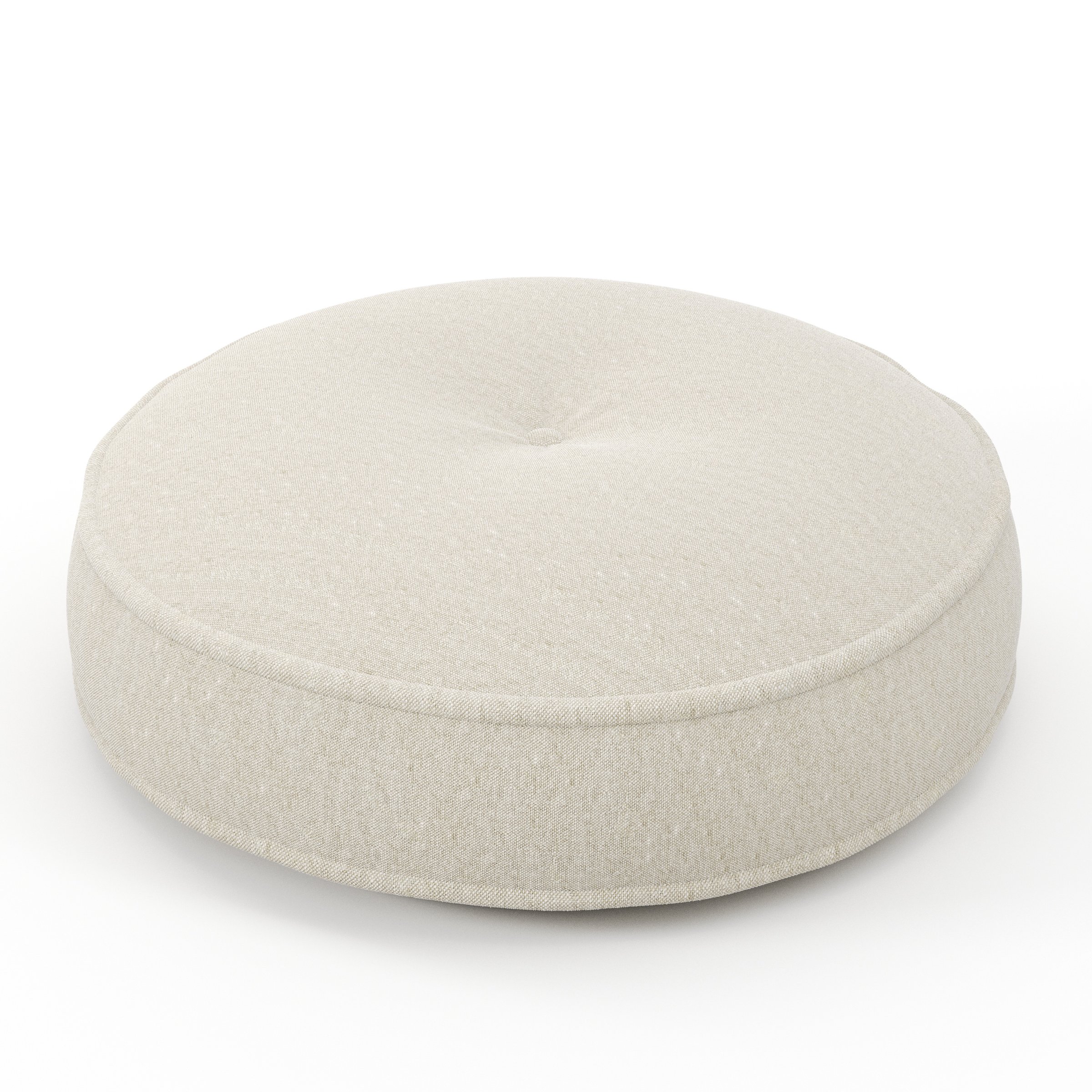 Cove cushion in Alderney Linen Oatmeal, round tufted cushion with border and piping in natural oatmeal linen with subtle central tuft, size 50cm x 8.75cm