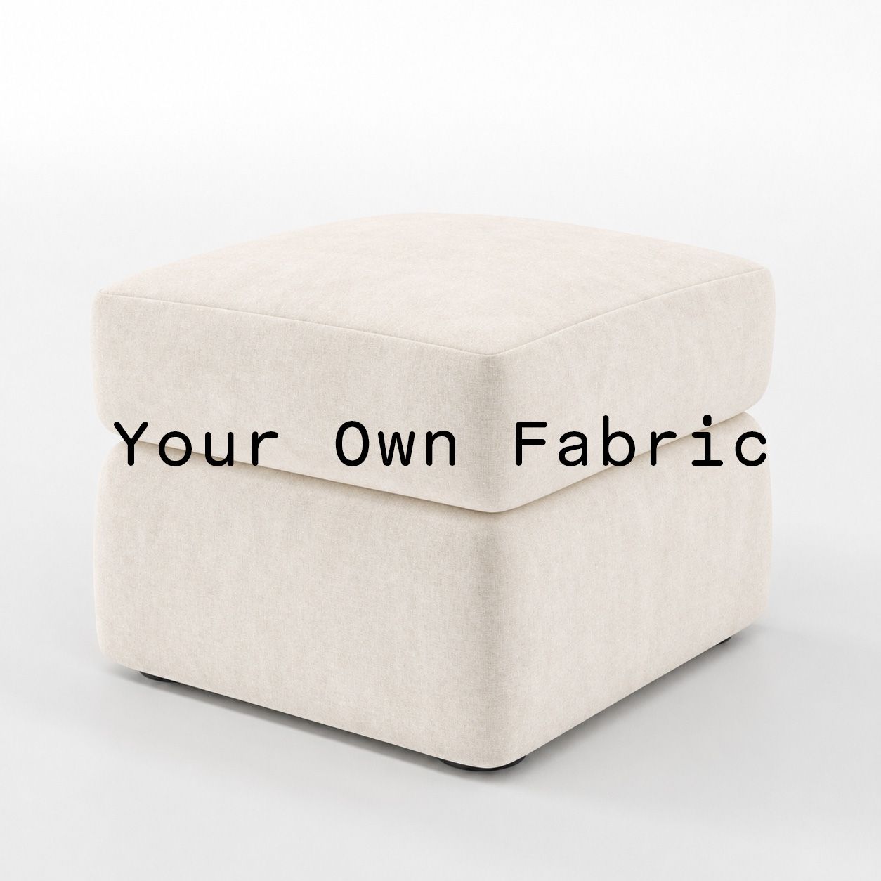 Diagonal view of the Coniston footstool upholstered in customers own material calico cotton fabric.