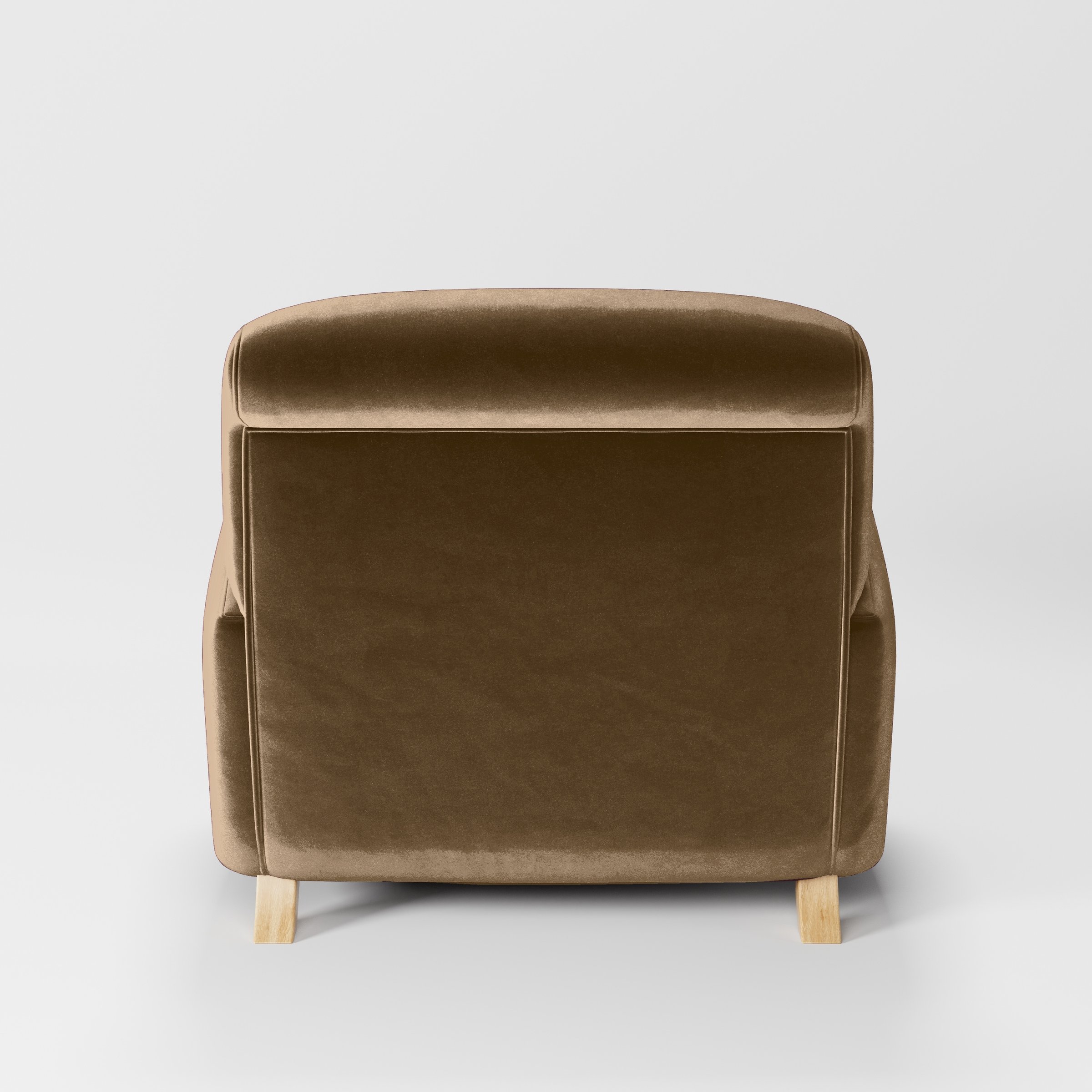 Rear view of the Rye armchair upholstered in Plush EasyClean Velvet in Caribou.