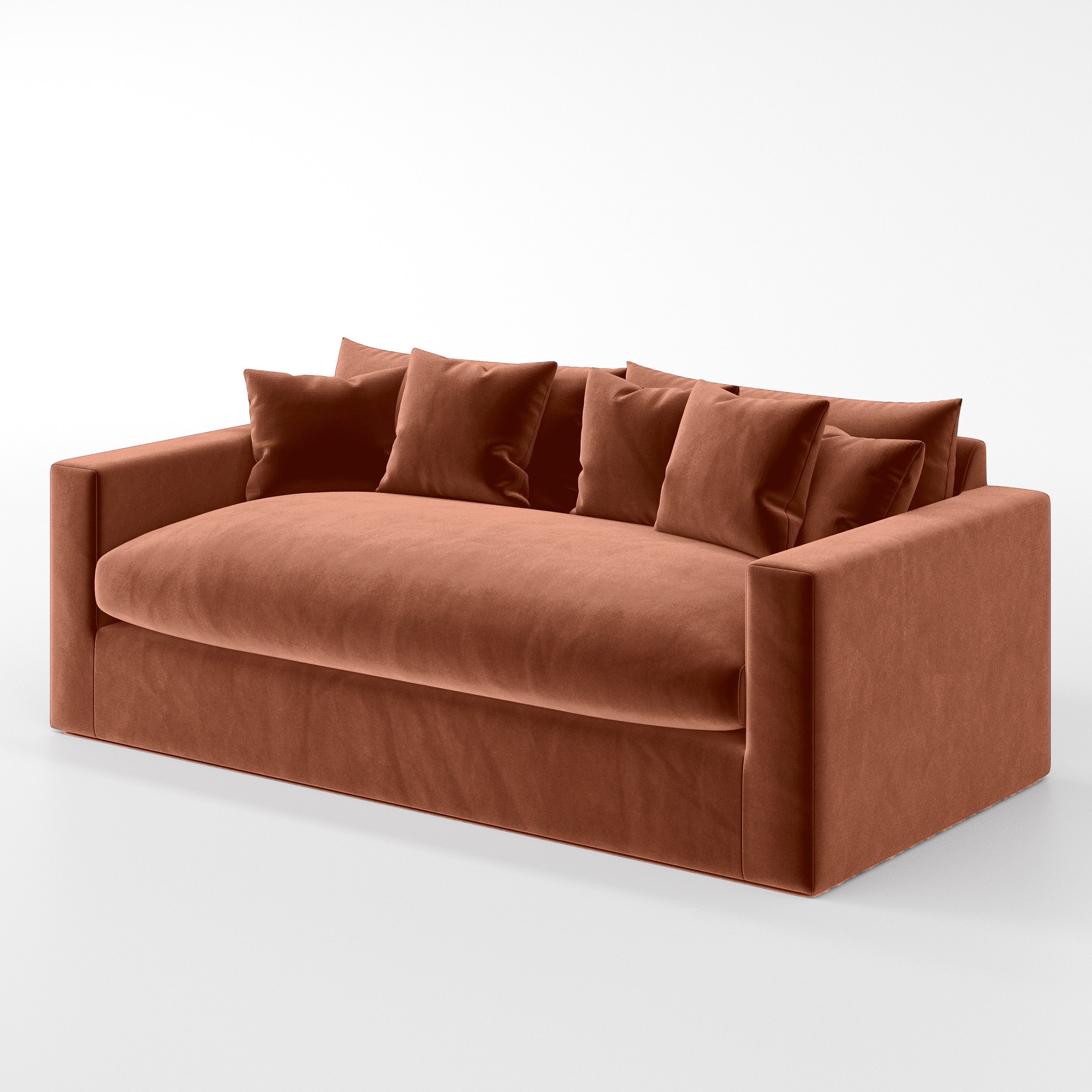 Diagonal view of the Coniston sofa upholstered in Plush EasyClean Velvet in Apricot.