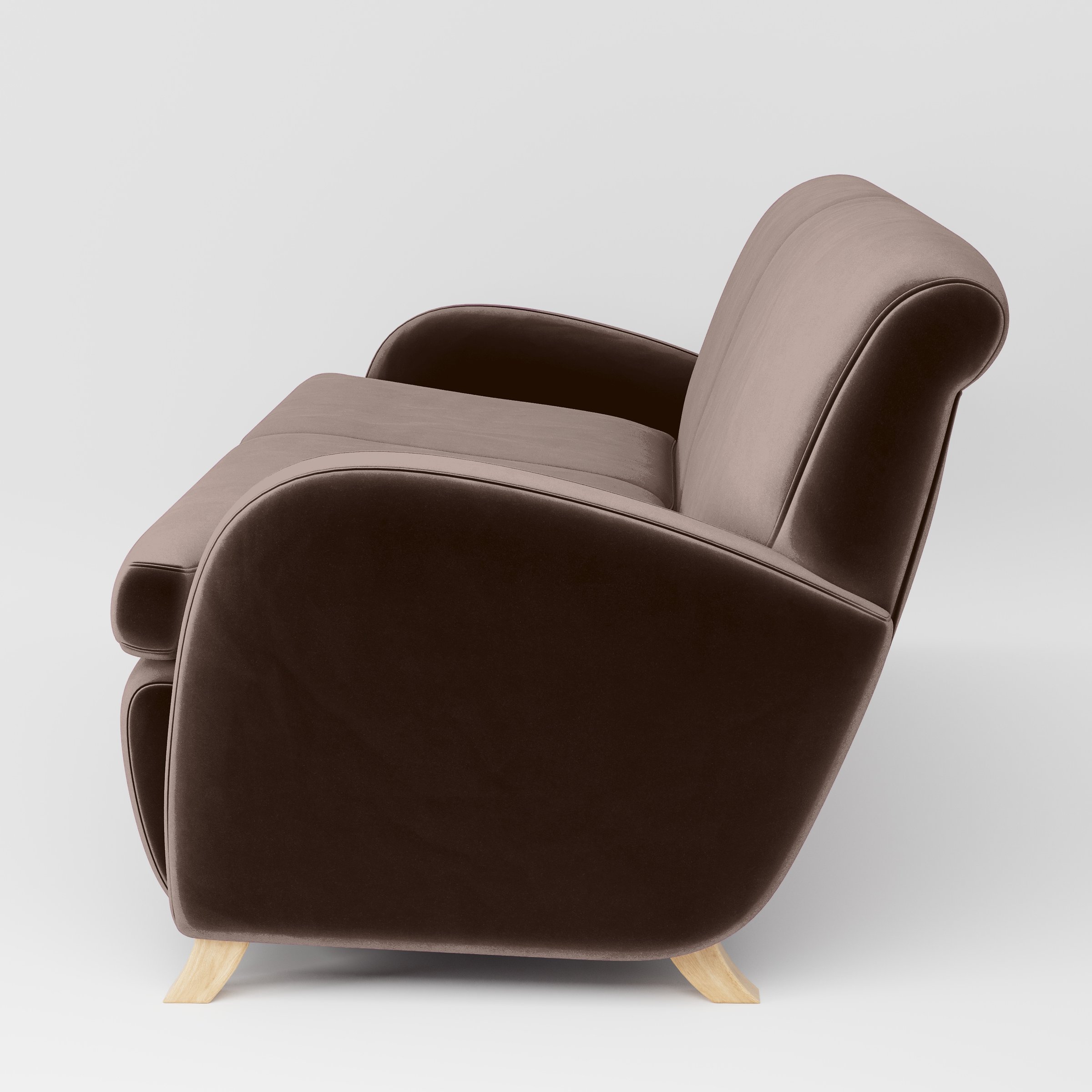 Side view of the Rye sofa upholstered in Plush EasyClean Velvet in Mole.