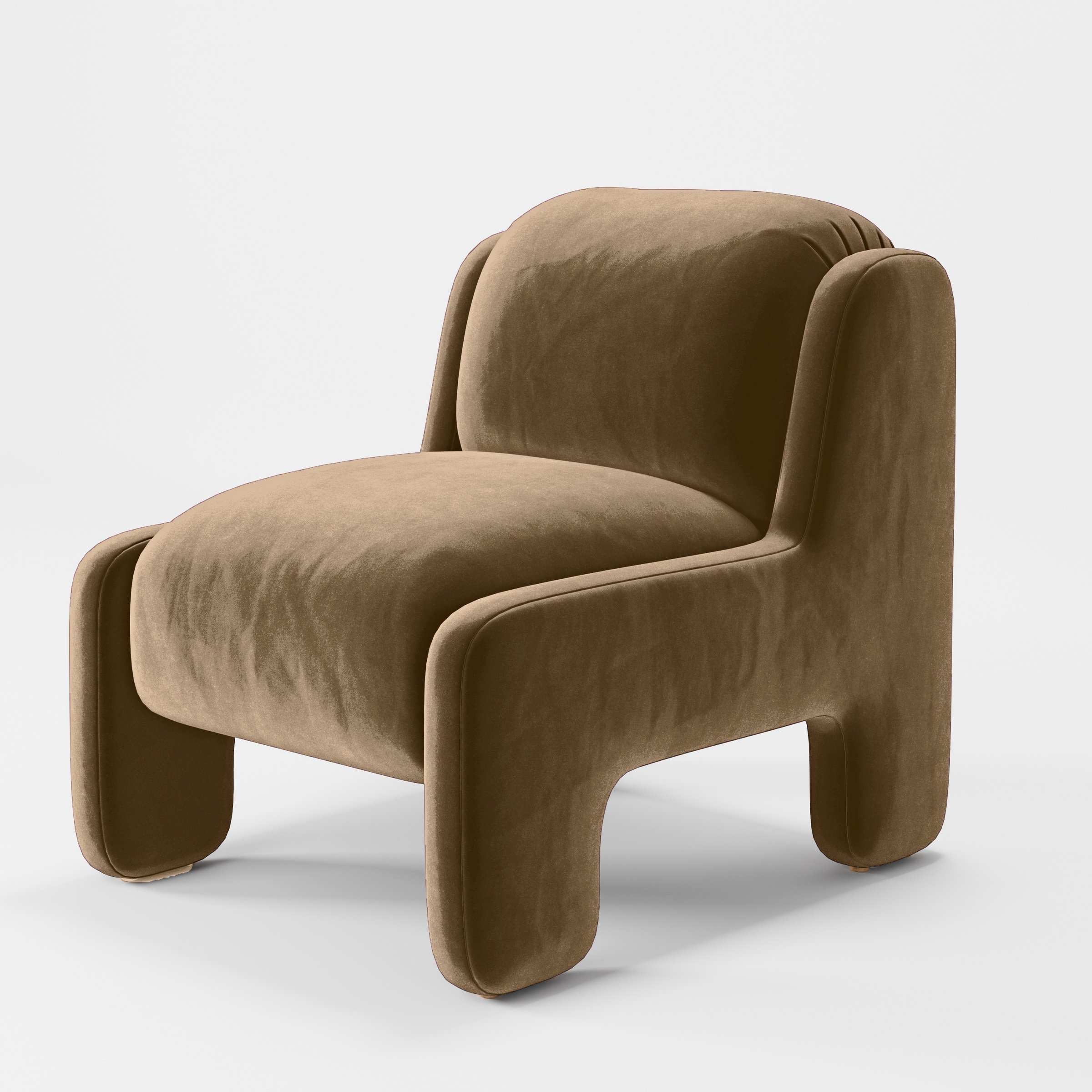Diagonal view of the Inny armchair upholstered in Plush EasyClean Velvet in Caribou.