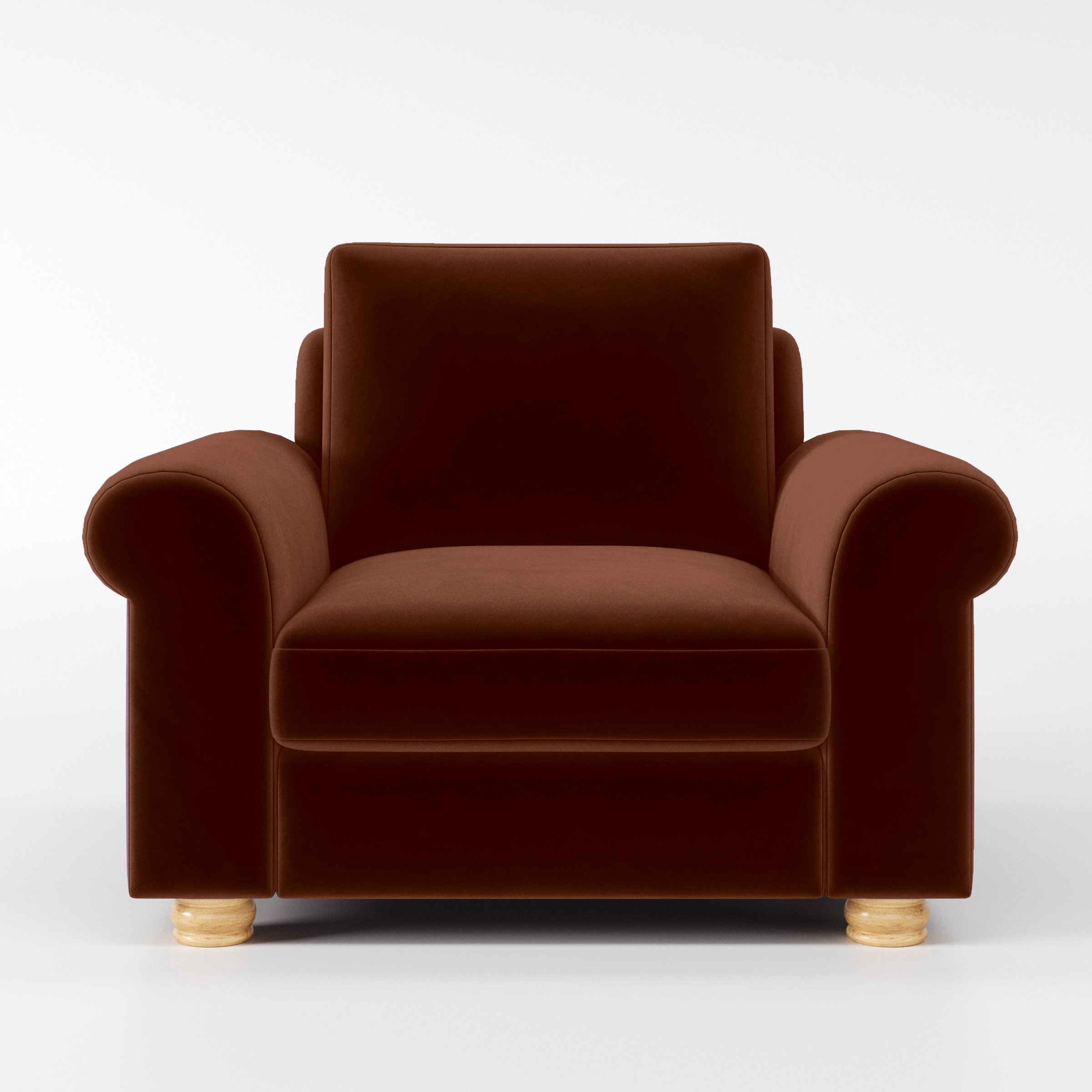 Front view of the Anna Lee armchair upholstered in Plush EasyClean Velvet in Maple.