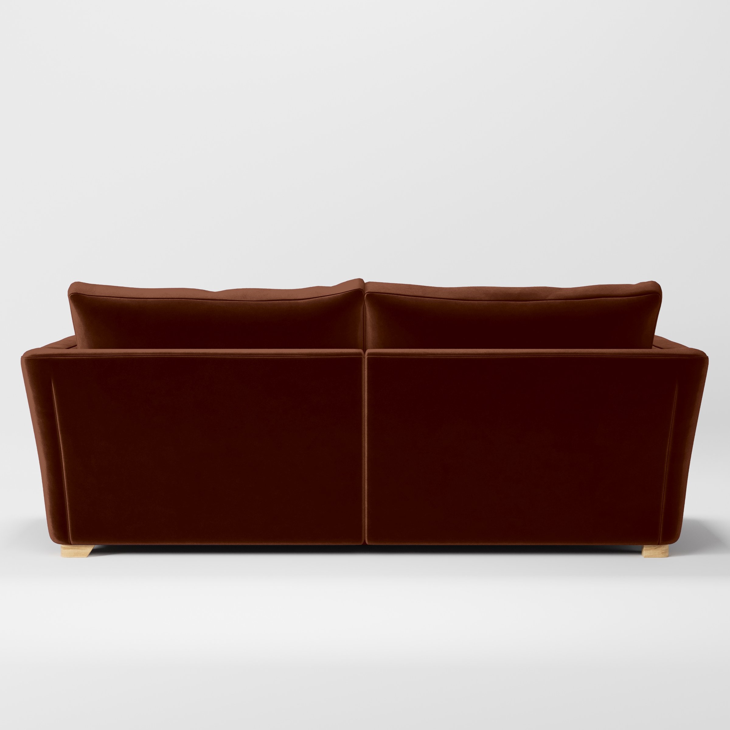 Rear view of the Stowe sofa upholstered in Plush EasyClean Velvet in Maple.