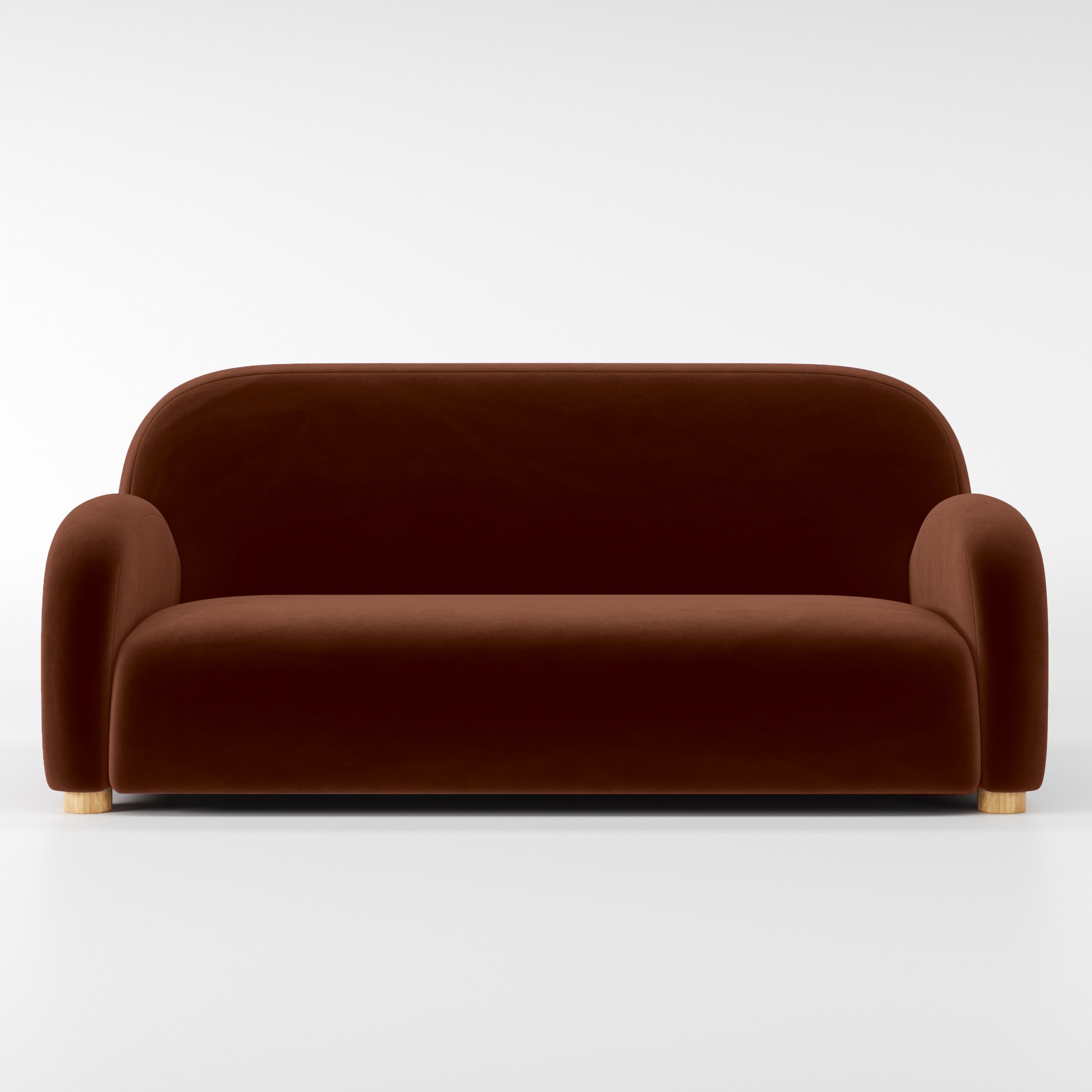Front view of the Awe sofa upholstered in Plush EasyClean Velvet in Maple.