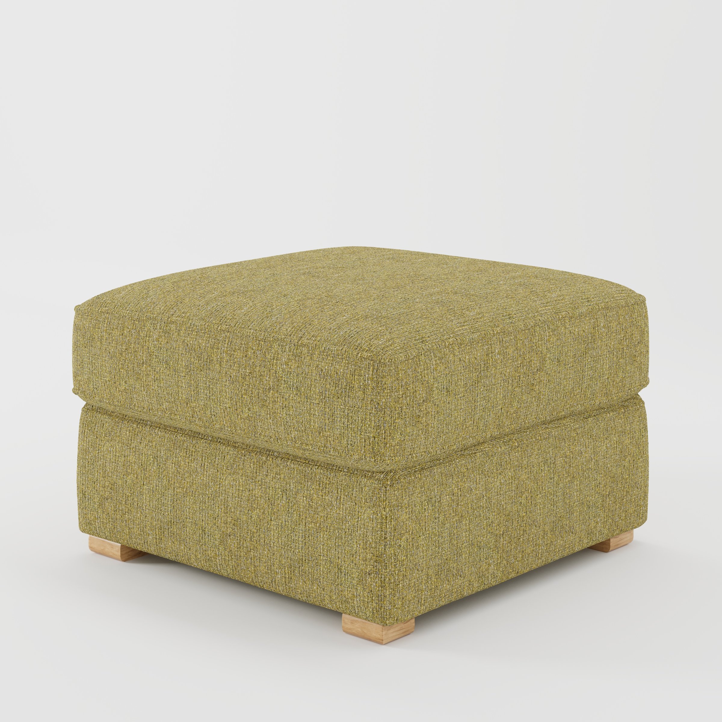 Cashel footstool in Heyling Tweed Sencha shown at a diagonal angle highlighting layered cushioning and low wooden feet.