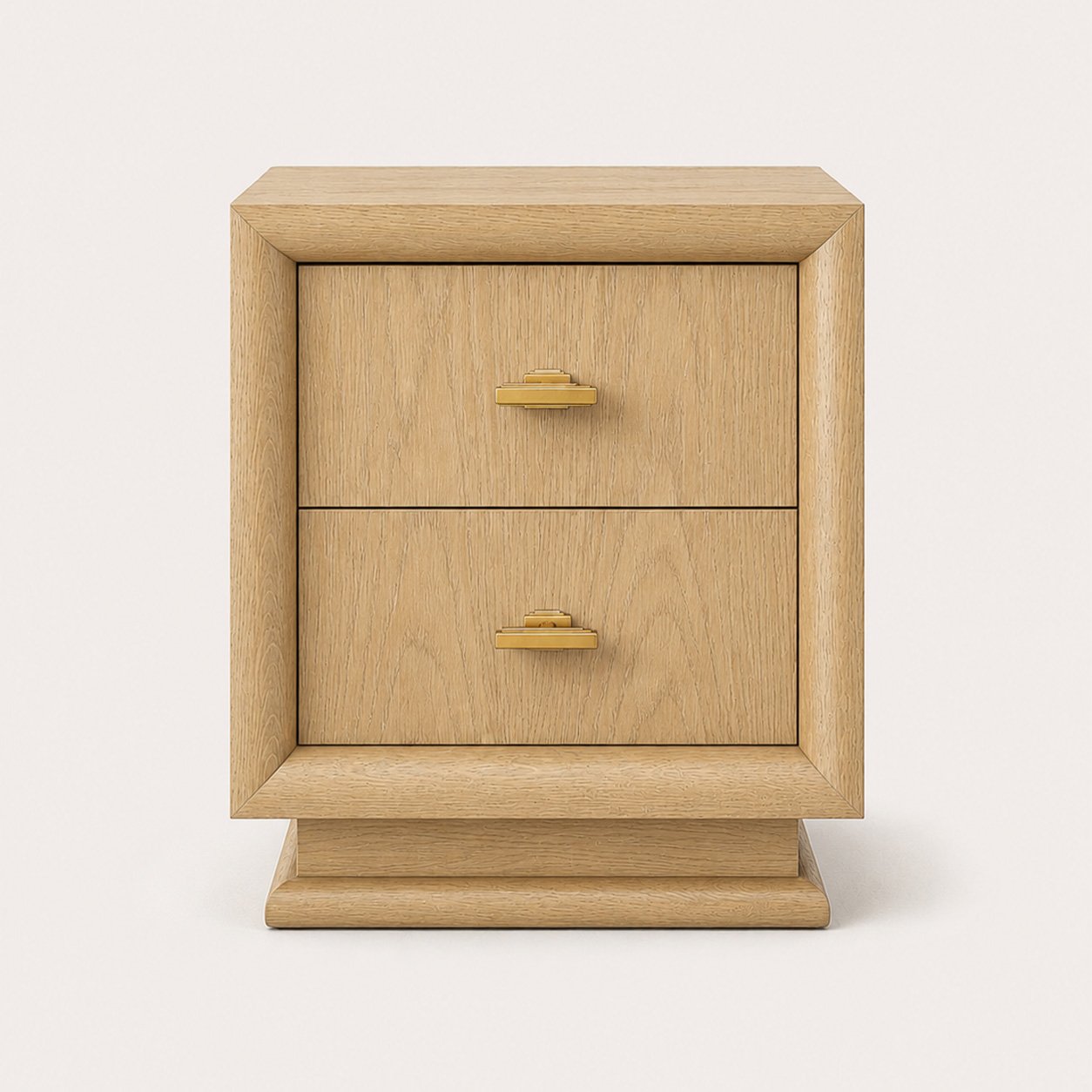 Nightstand 02 in natural oak, front view with two drawers and brass handles