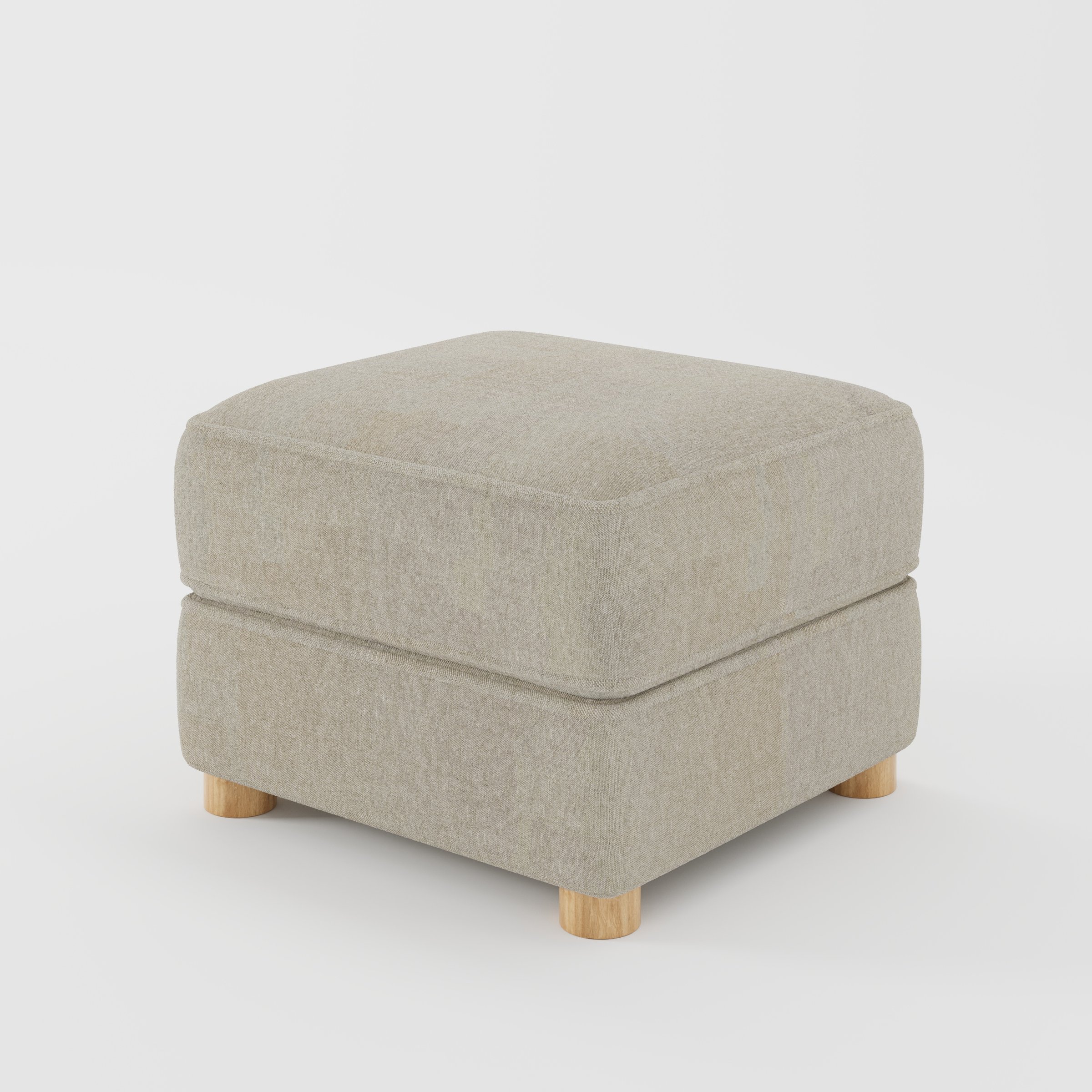 Fergus footstool in Alderney Linen Oatmeal shown at a diagonal angle highlighting compact proportions and rounded wooden feet.