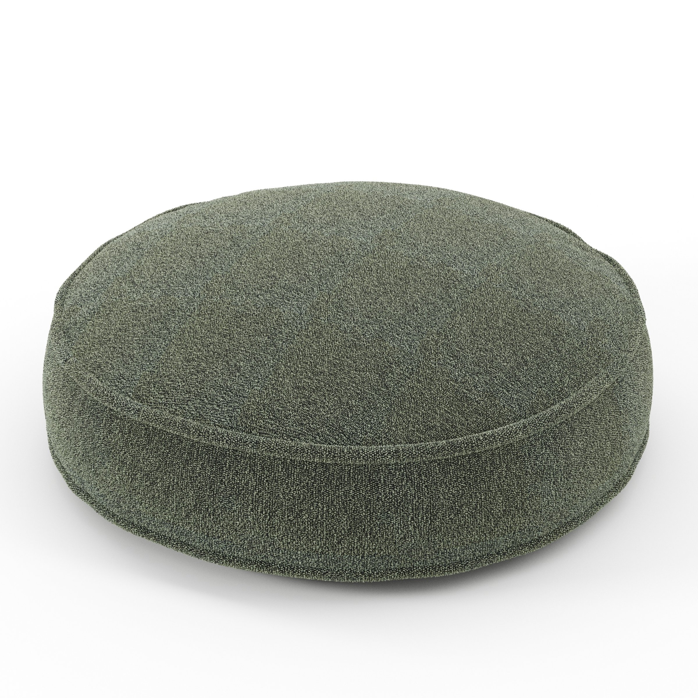 Orbit cushion in Kilda Boucle Moss, round simple cushion with border and piping in textured moss green boucle, size 50cm x 8.75cm
