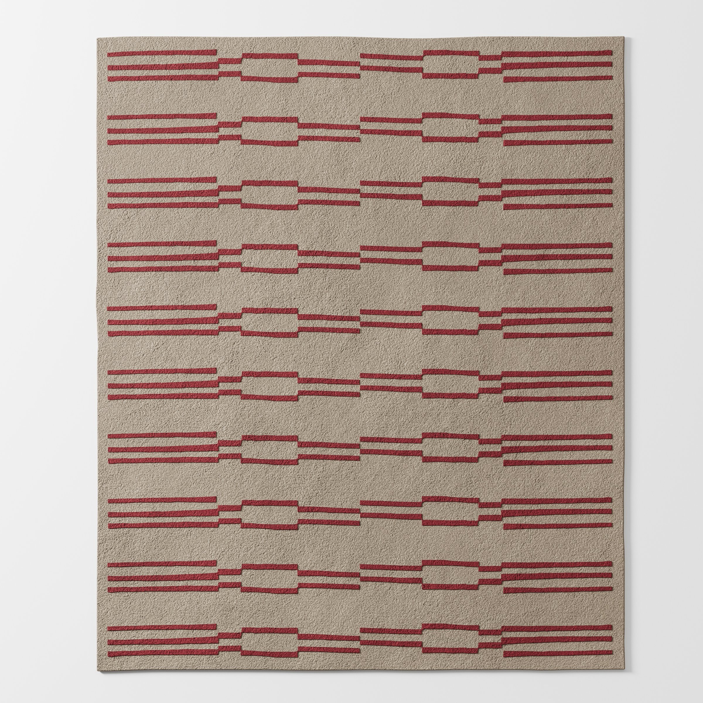 Avon rug in neutral beige tone with repeating linear pattern in muted red, full view showing structured geometric layout and soft texture, hand tufted wool and viscose blend