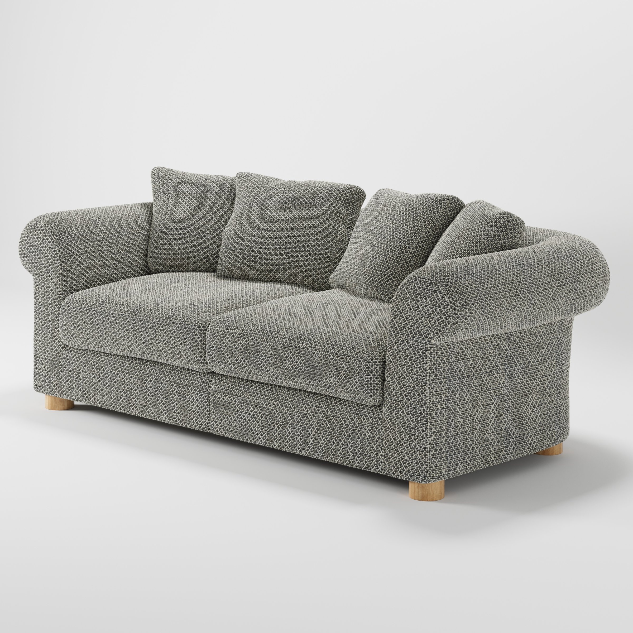 Windermere sofa in Rousay Wool Blend Tar and Chalk shown at a diagonal angle highlighting arm profile and seat depth.