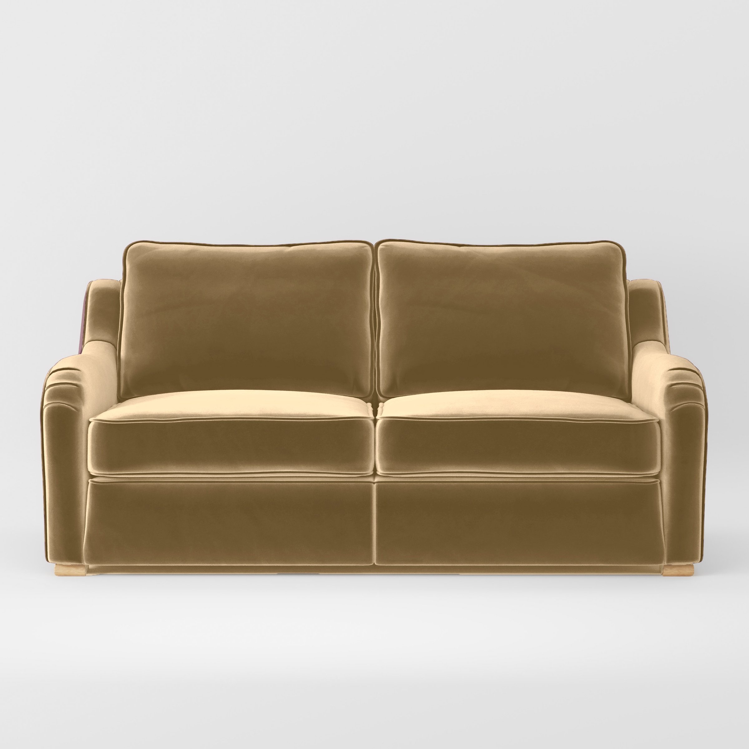 Front view of the Cashel sofa upholstered in Plush EasyClean Velvet in Cafe.